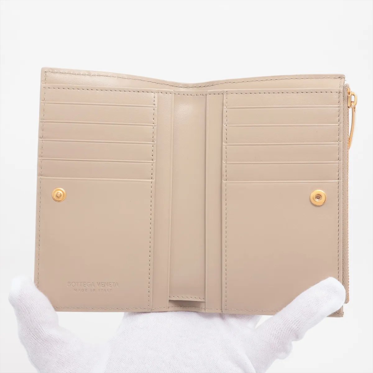 Intrecciato Leather Compact Wallet Beige — view 3