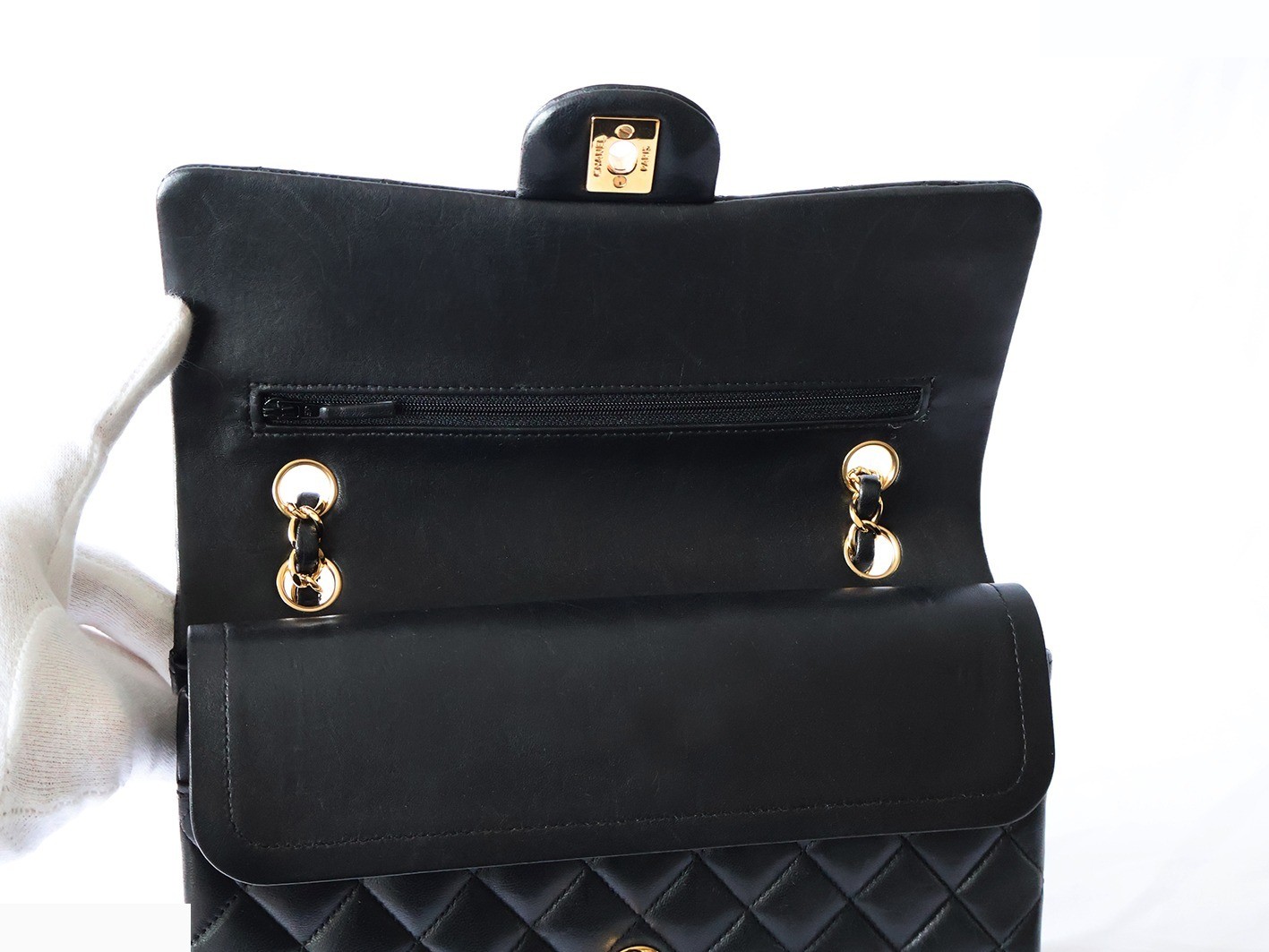 Matelassé 25 Lambskin Double Flap Double Chain Shoulder Bag, Black — view 10