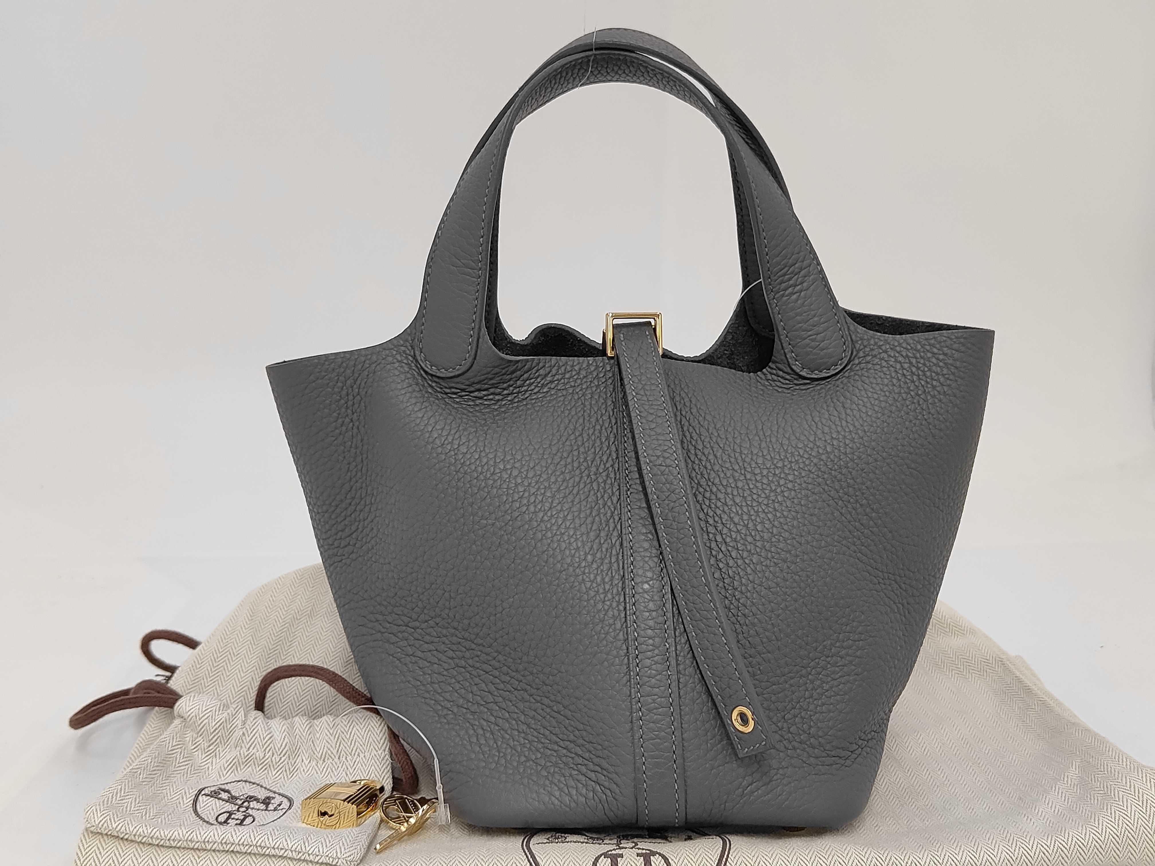 Picotan Lock PM Gray Gold Hardware W Engraved Handbag
