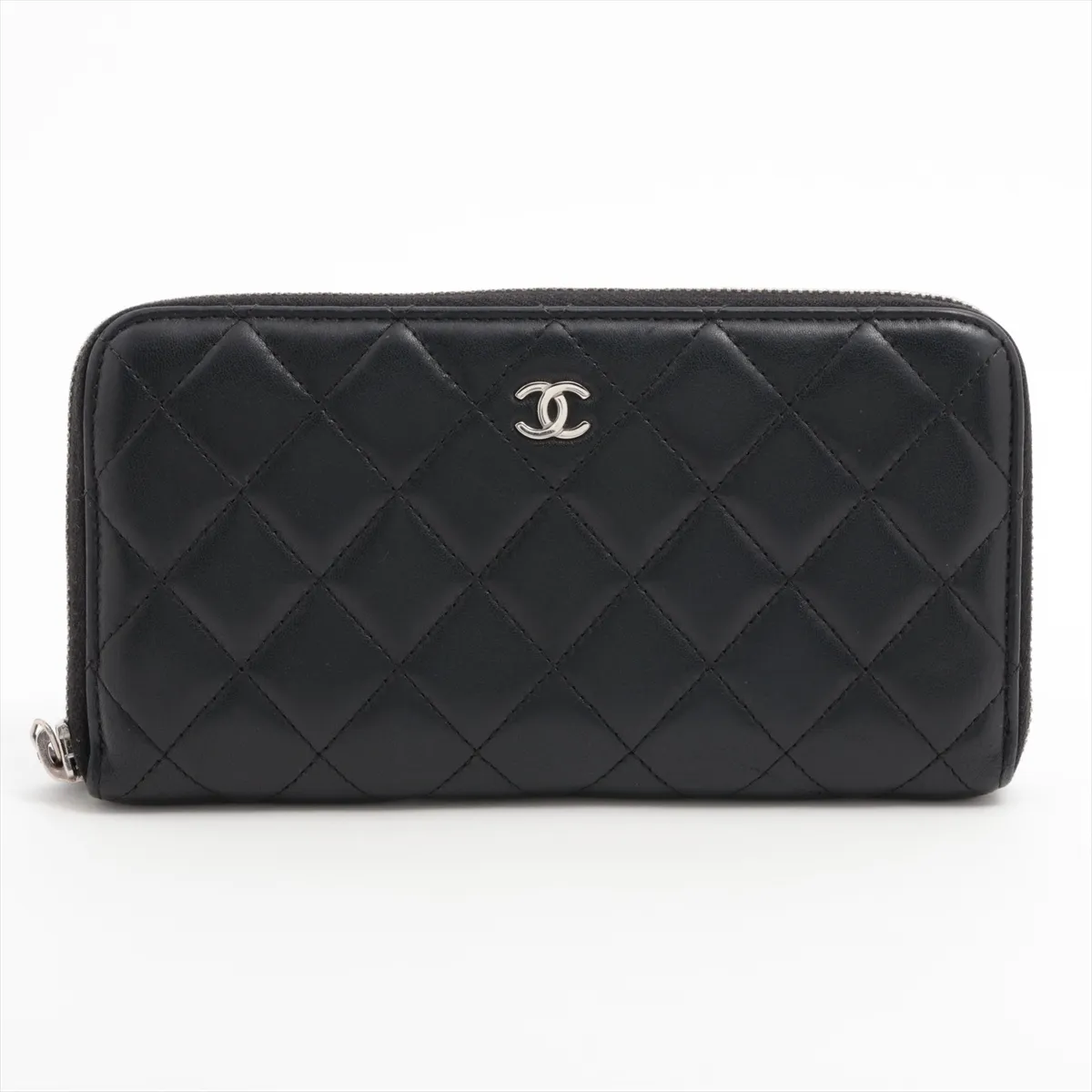 Matelassé Lambskin Round Zip Wallet, Black, Silver Hardware, 16428128