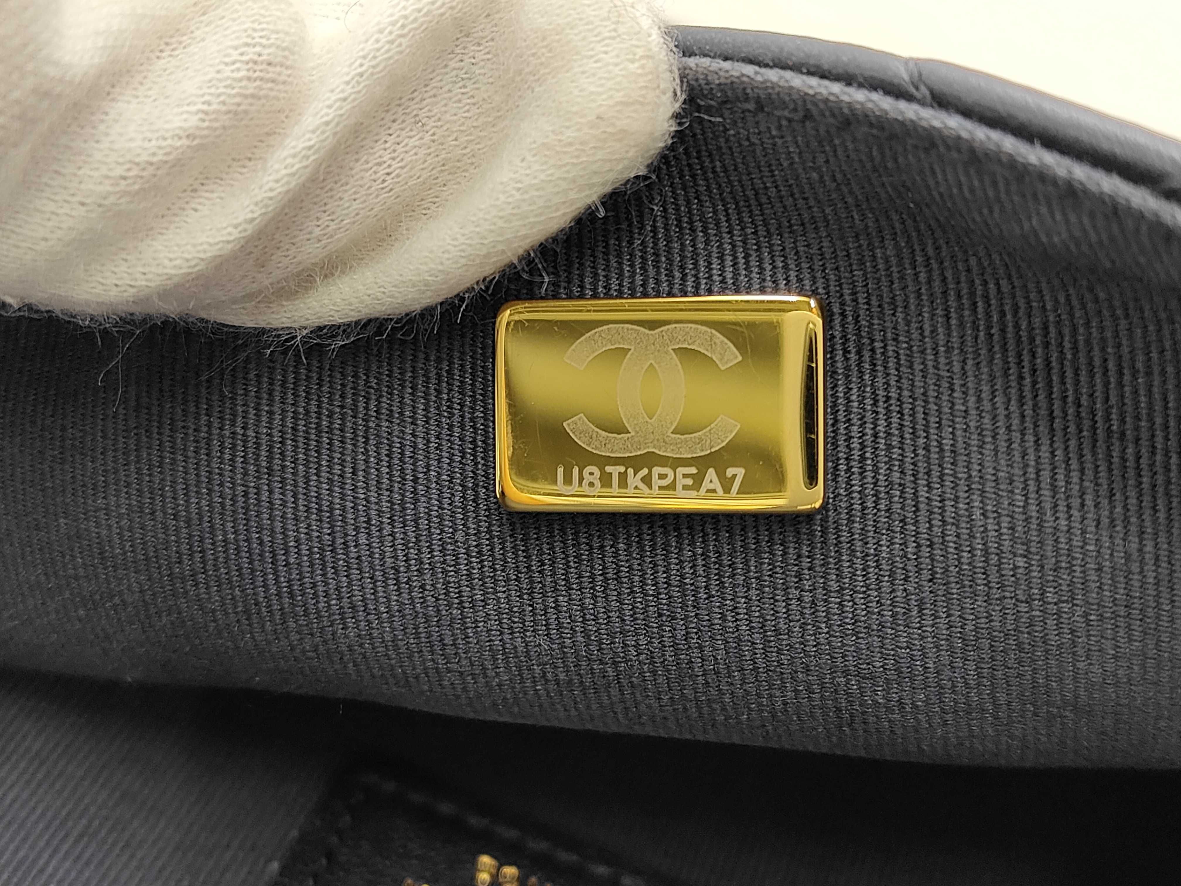 Matelassé Pearl Coco Lambskin Chain Shoulder Bag with Gold Hardware, Serial Number Plate, AS2563, Navy Shoulder Bag — view 12