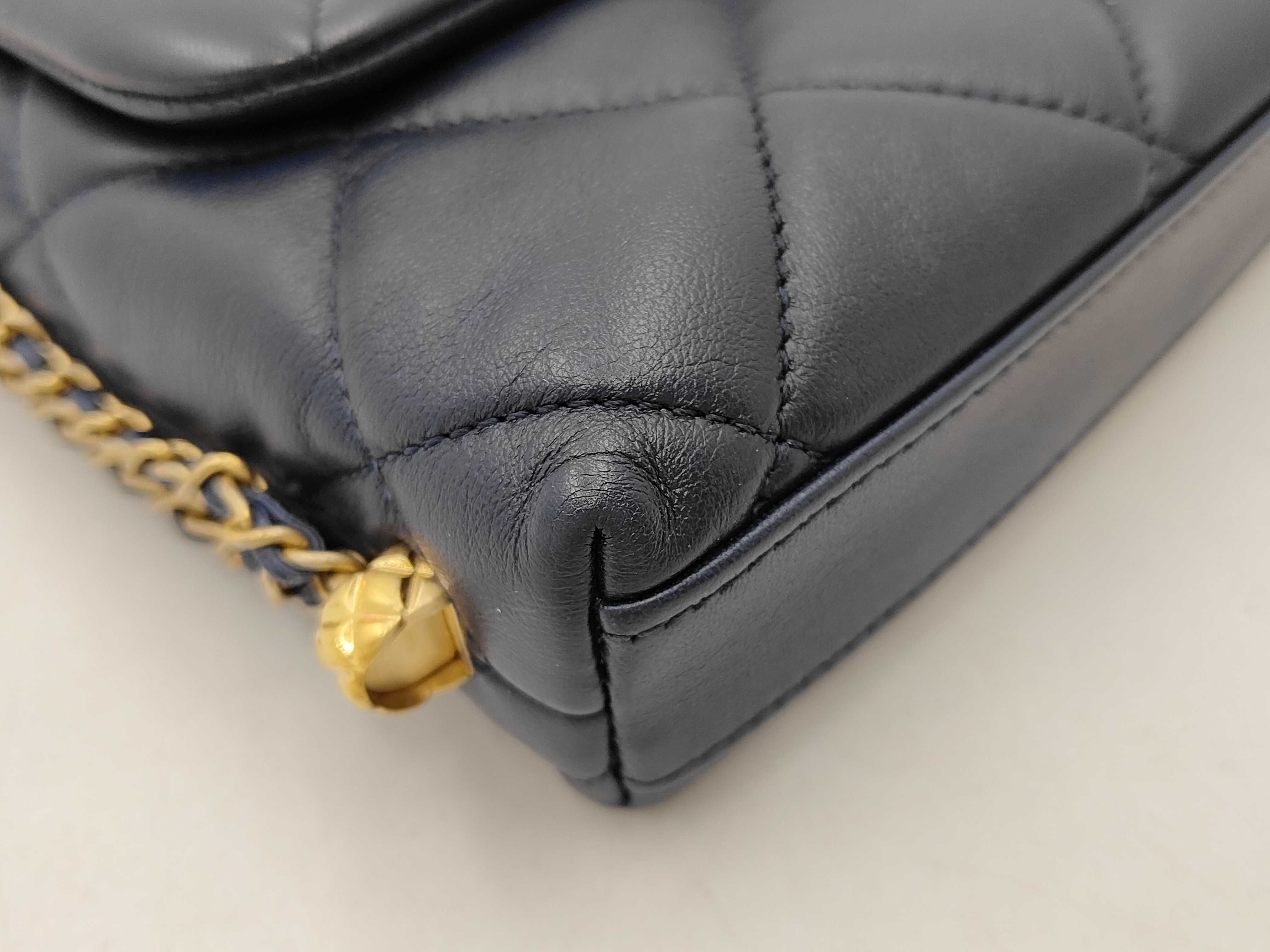 Matelassé Pearl Coco Lambskin Chain Shoulder Bag with Gold Hardware, Serial Number Plate, AS2563, Navy Shoulder Bag — view 5