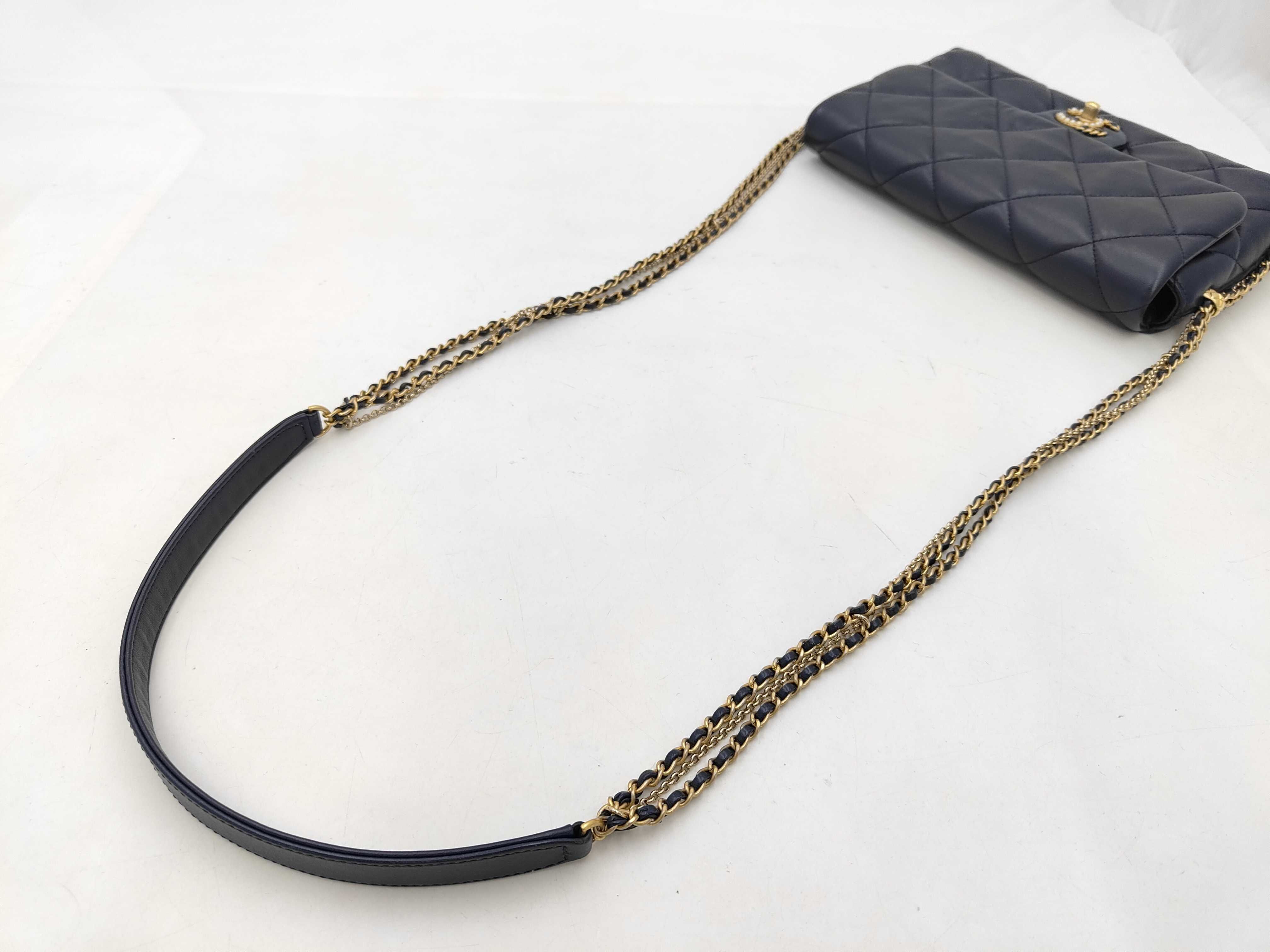 Matelassé Pearl Coco Lambskin Chain Shoulder Bag with Gold Hardware, Serial Number Plate, AS2563, Navy Shoulder Bag — view 8
