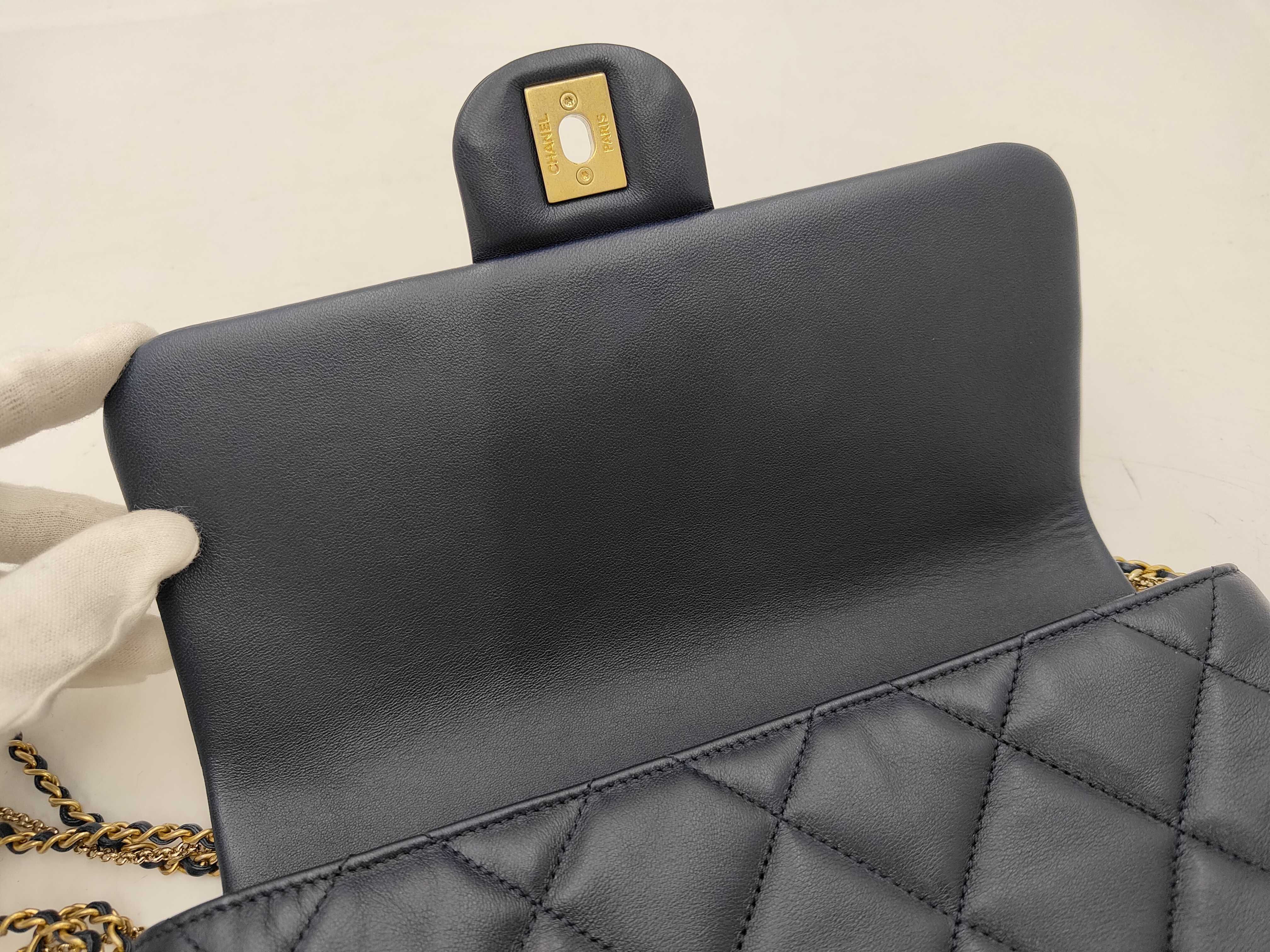 Matelassé Pearl Coco Lambskin Chain Shoulder Bag with Gold Hardware, Serial Number Plate, AS2563, Navy Shoulder Bag — view 9