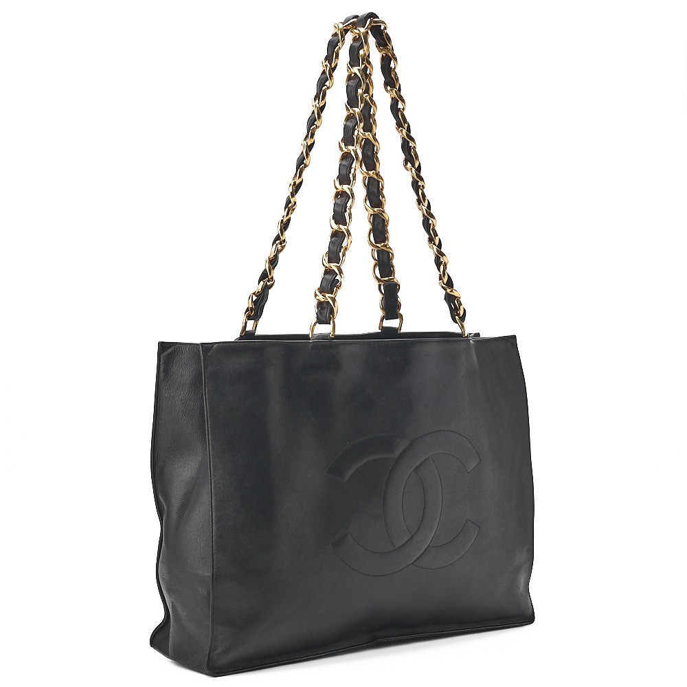 Lambskin, large Coco mark, giant chain shoulder bag, black, gold hardware, series 2. — view 3