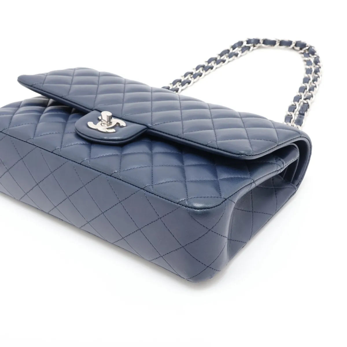 [Individually packaged] Chanel Matelassé 25 Lambskin Double Flap Double Chain Bag, Navy, Silver Hardware, 22517921, Serial Number 22, A01112 — view 3