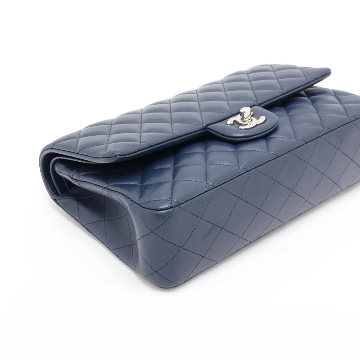 [Individually packaged] Chanel Matelassé 25 Lambskin Double Flap Double Chain Bag, Navy, Silver Hardware, 22517921, Serial Number 22, A01112 — view 4