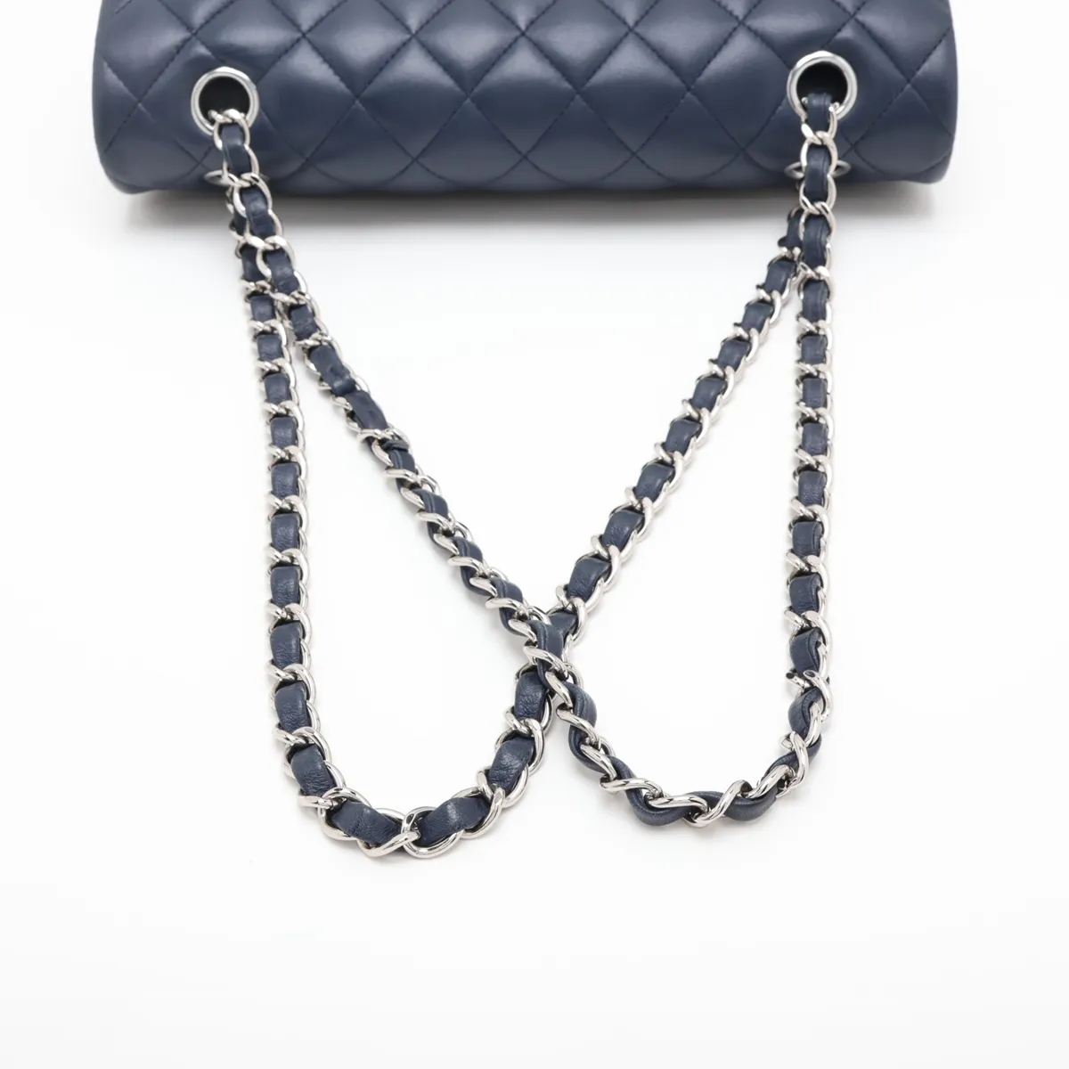 [Individually packaged] Chanel Matelassé 25 Lambskin Double Flap Double Chain Bag, Navy, Silver Hardware, 22517921, Serial Number 22, A01112 — view 5