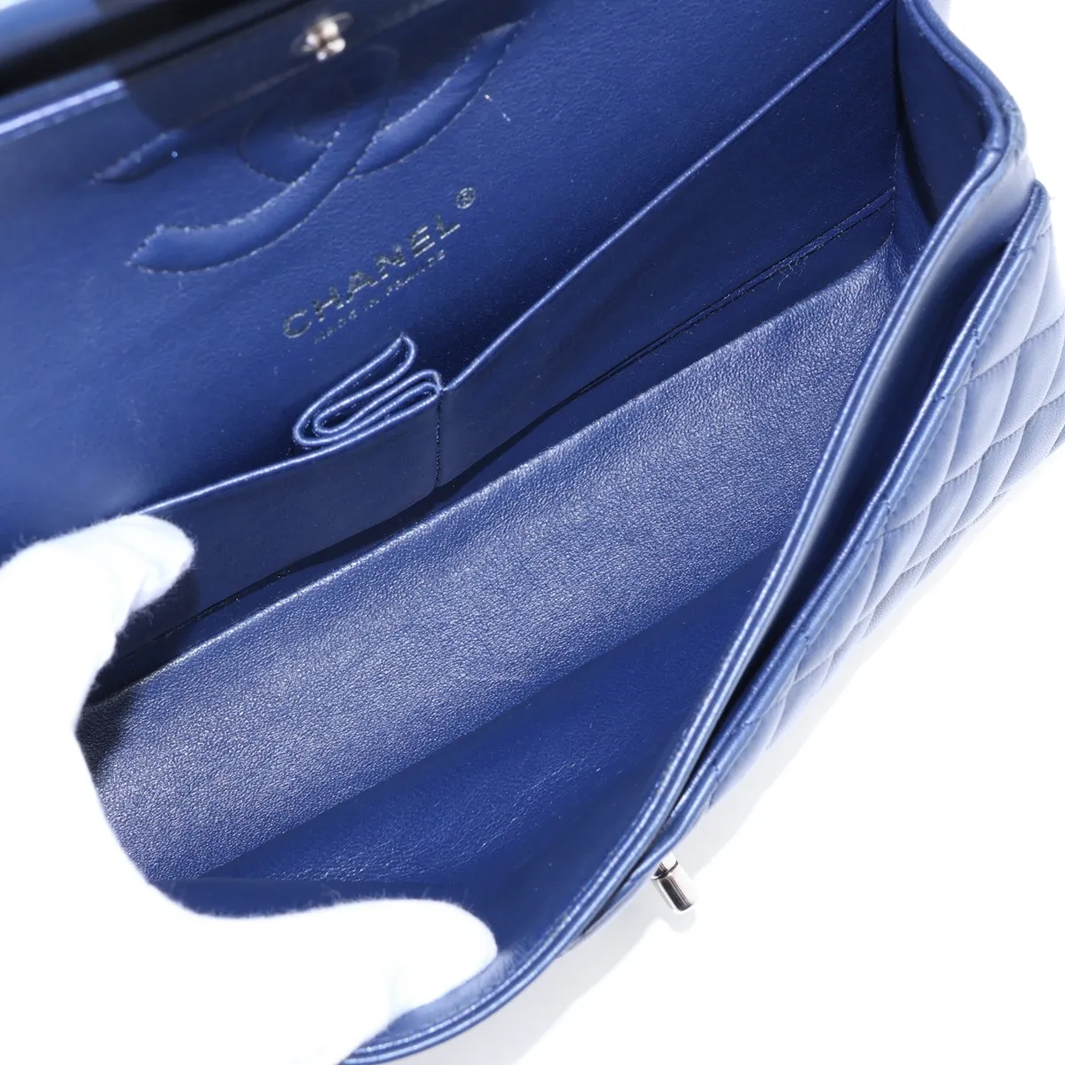 [Individually packaged] Chanel Matelassé 25 Lambskin Double Flap Double Chain Bag, Navy, Silver Hardware, 22517921, Serial Number 22, A01112 — view 7
