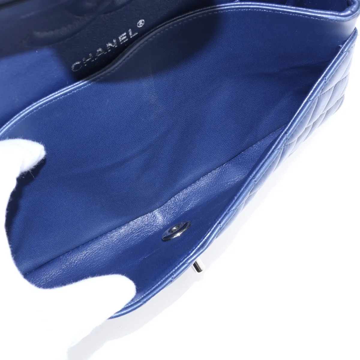 [Individually packaged] Chanel Matelassé 25 Lambskin Double Flap Double Chain Bag, Navy, Silver Hardware, 22517921, Serial Number 22, A01112 — view 8