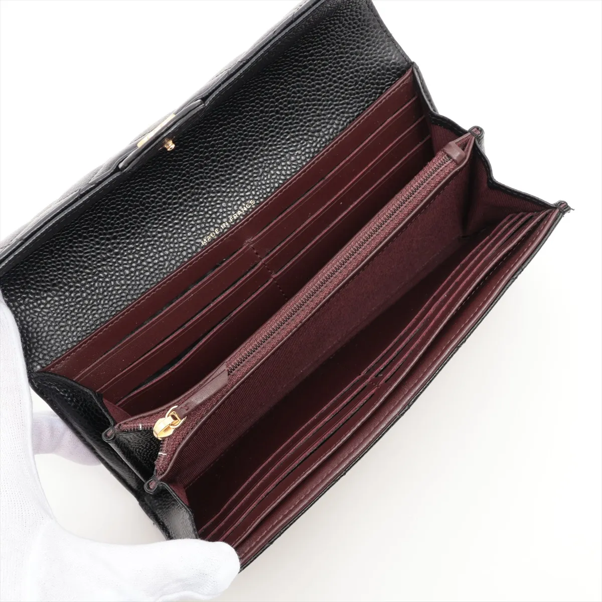 Matelassé Caviar Leather Long Wallet, Black with Gold Hardware, 25185071 — view 4