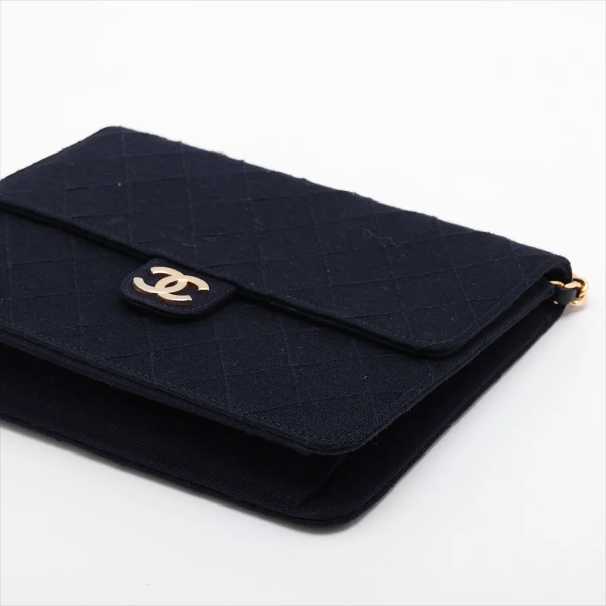 Matelassé Cotton Chain Shoulder Bag, Push-Lock Closure, Navy, Gold Hardware — view 3