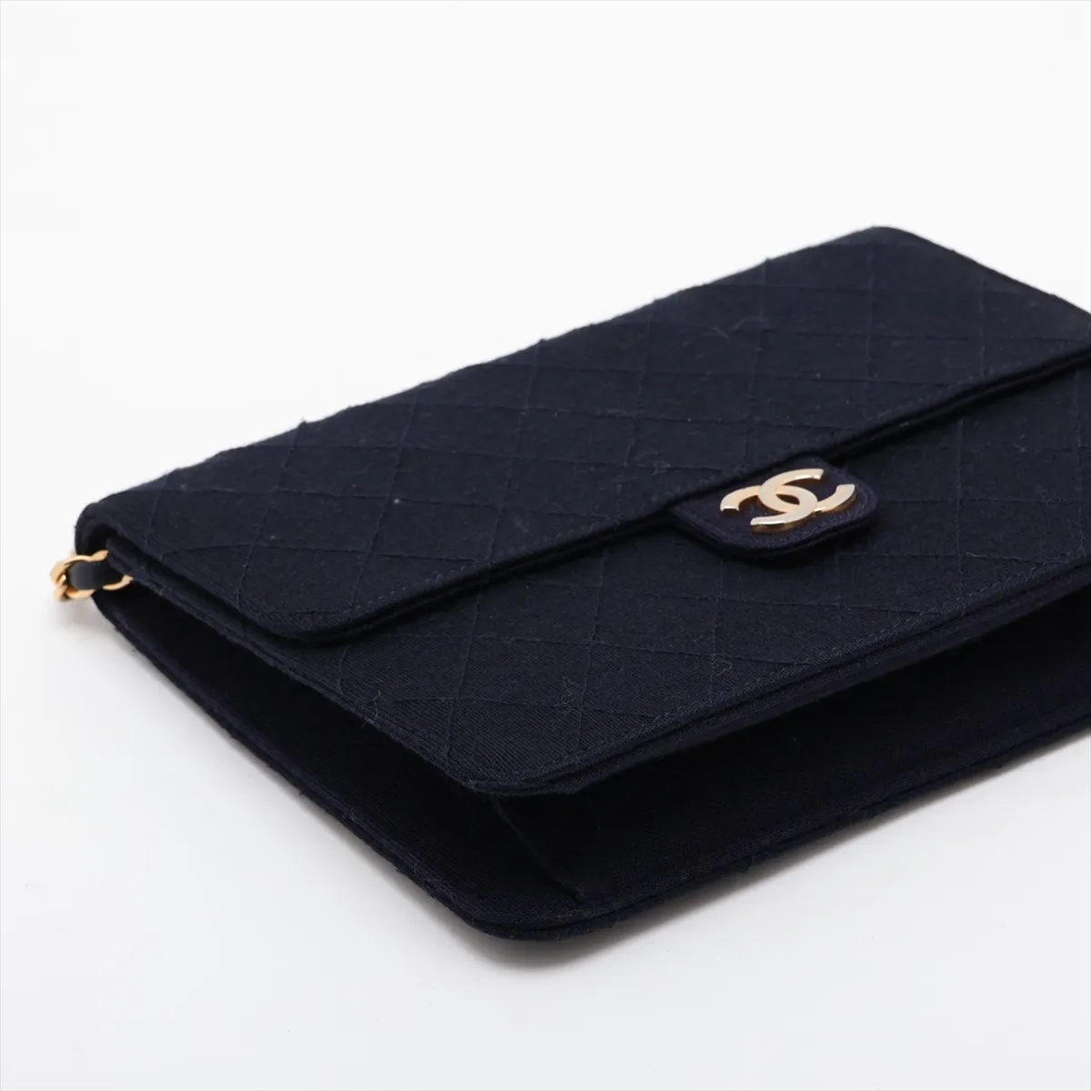 Matelassé Cotton Chain Shoulder Bag, Push-Lock Closure, Navy, Gold Hardware — view 4