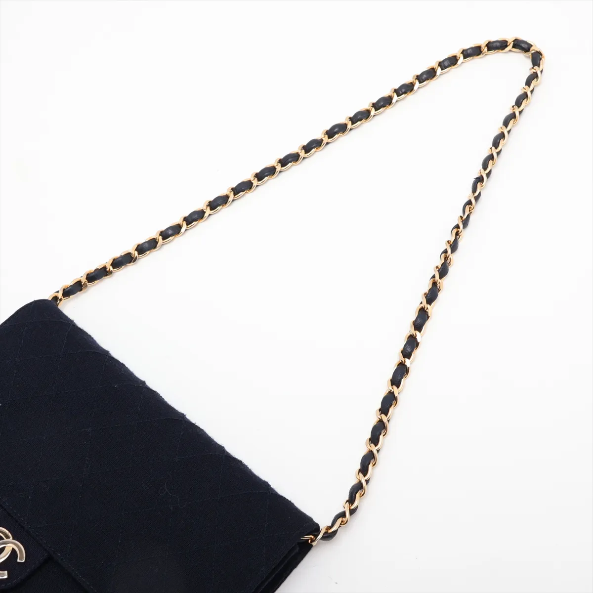 Matelassé Cotton Chain Shoulder Bag, Push-Lock Closure, Navy, Gold Hardware — view 5