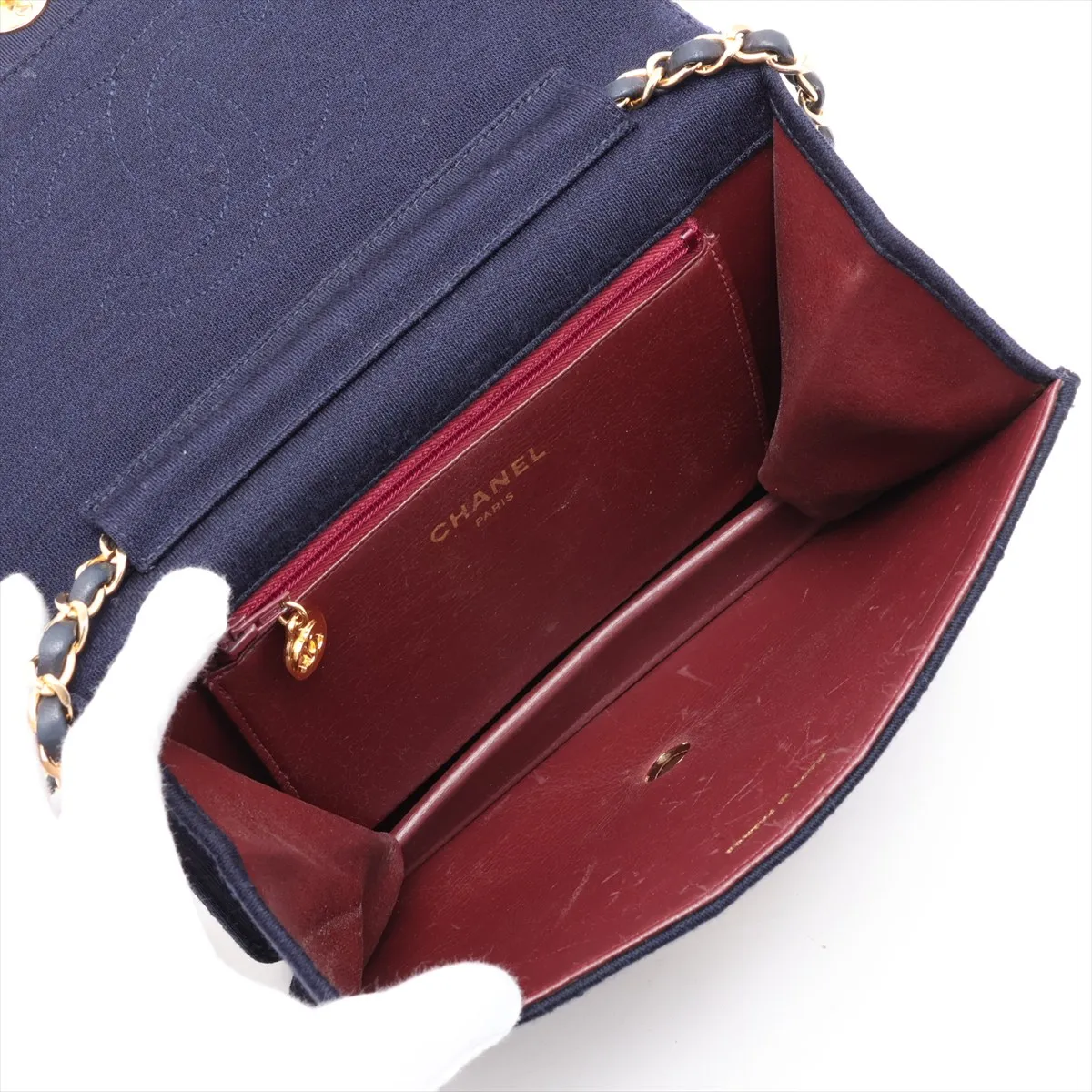 Matelassé Cotton Chain Shoulder Bag, Push-Lock Closure, Navy, Gold Hardware — view 6