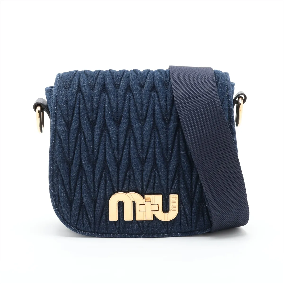 Matelassé Denim x Leather Shoulder Bag, Navy
