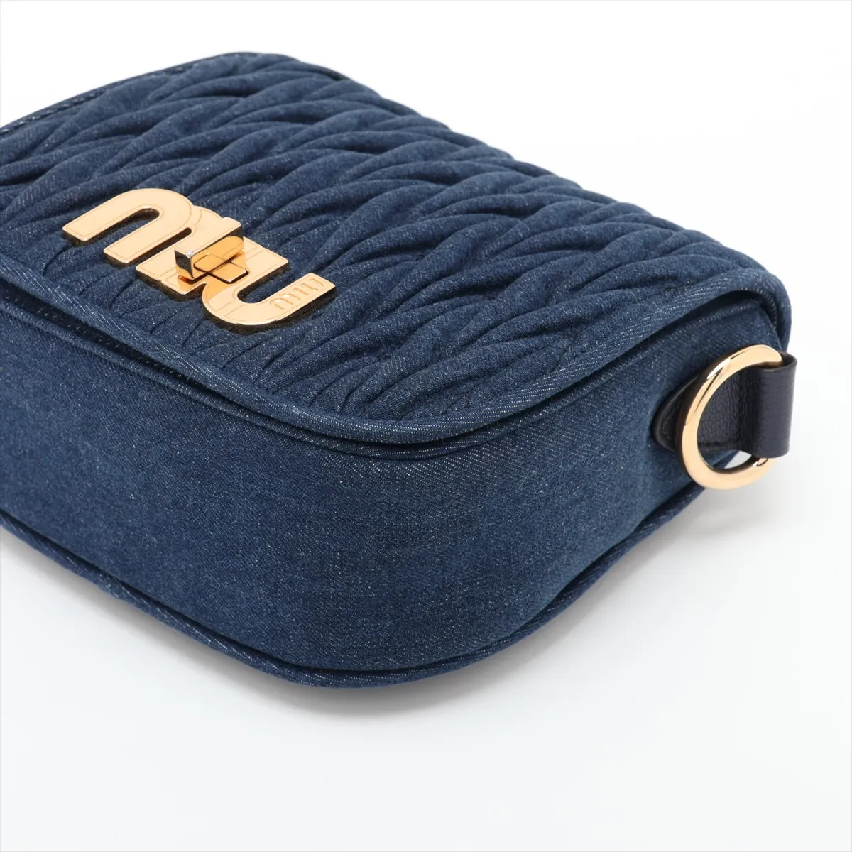 Matelassé Denim x Leather Shoulder Bag, Navy — view 3
