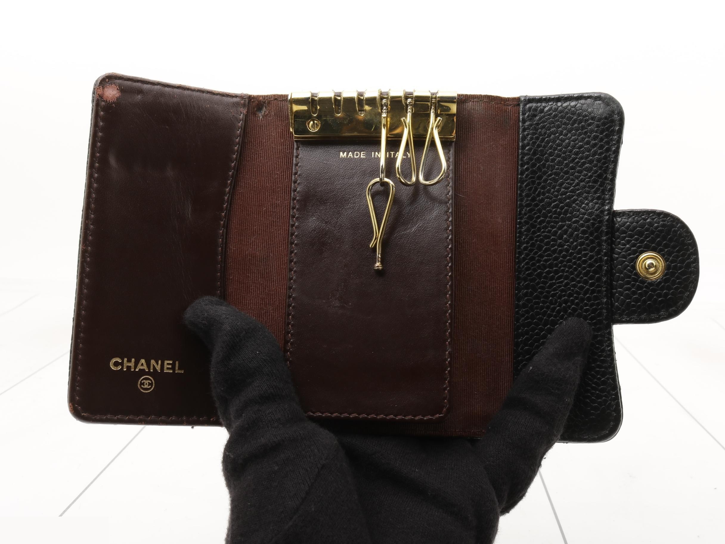 Caviar leather (bag) and key case, black, gold hardware. — view 4
