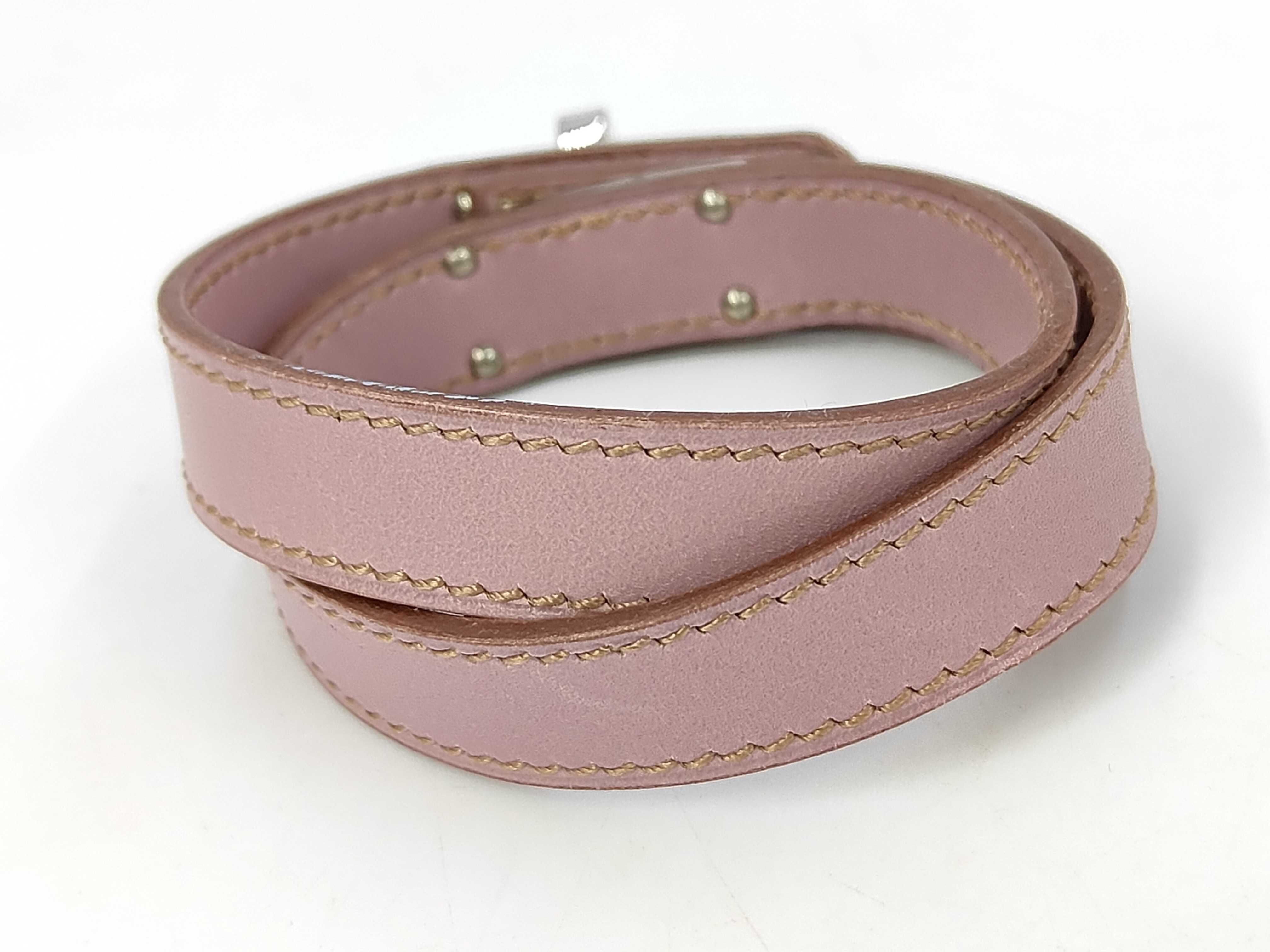Double Tour Box Calf Leather Bracelet/Bangle, Light Pink Tone, F Stamp, Silver Hardware — view 3
