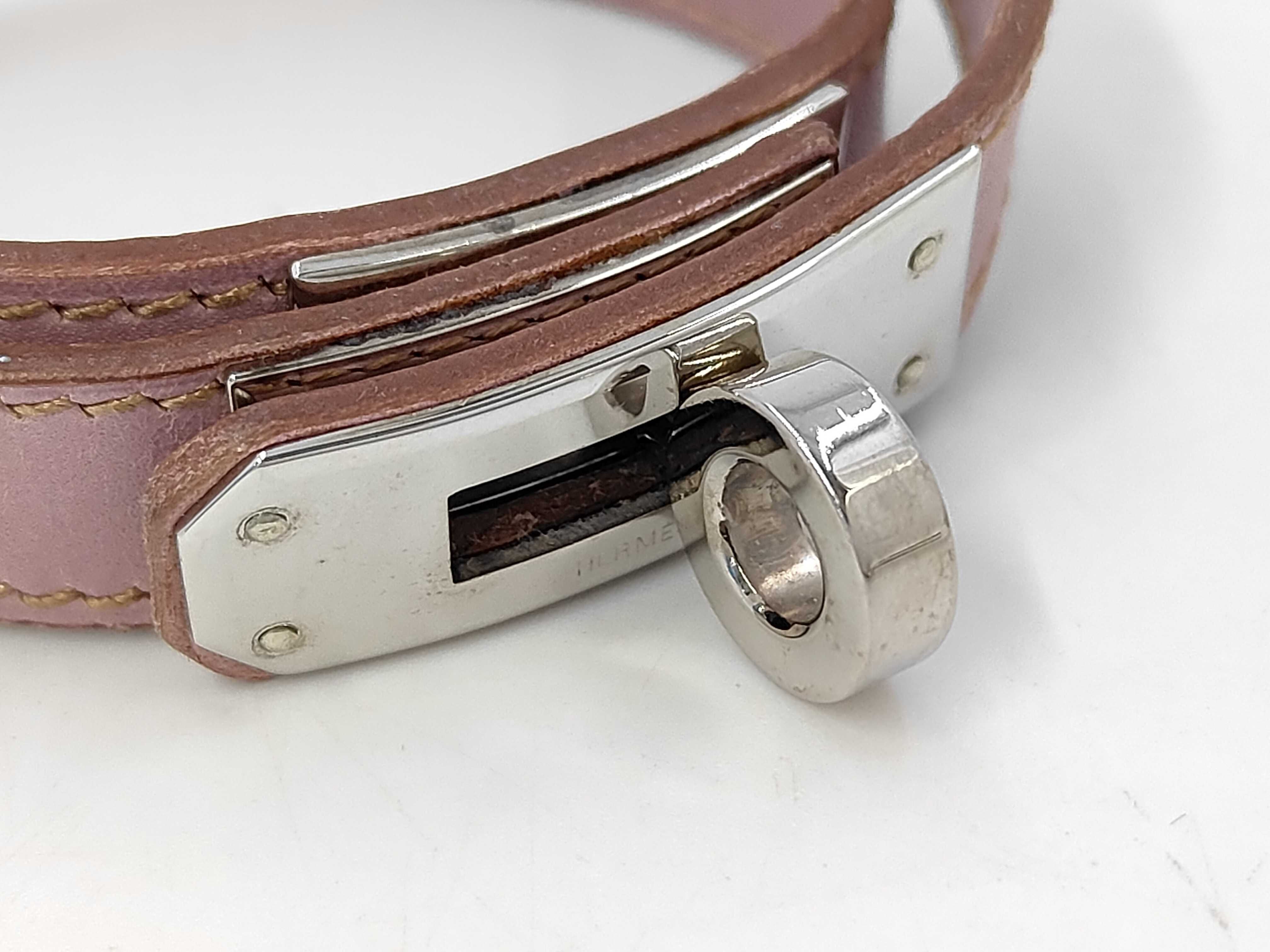 Double Tour Box Calf Leather Bracelet/Bangle, Light Pink Tone, F Stamp, Silver Hardware — view 4