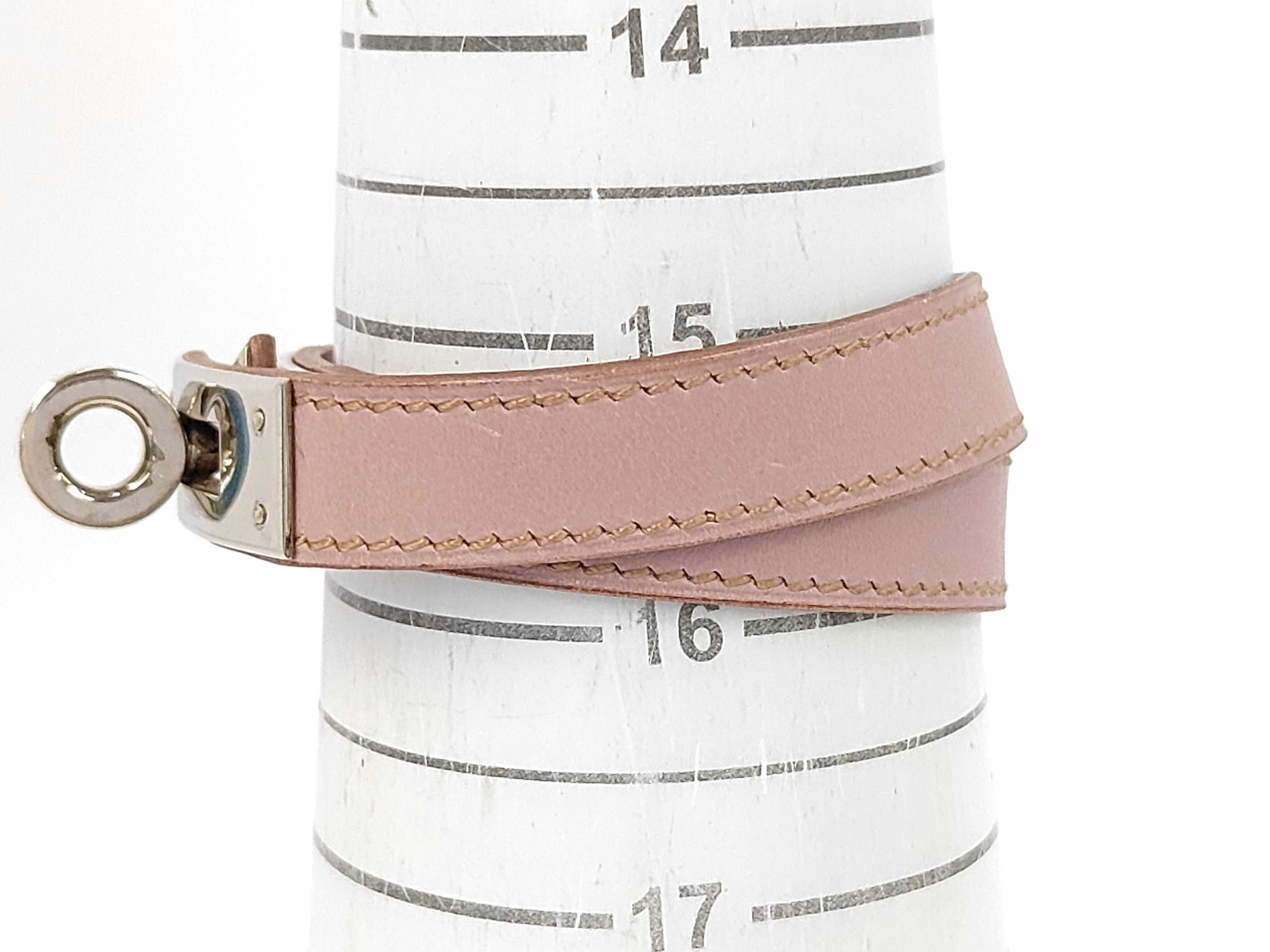 Double Tour Box Calf Leather Bracelet/Bangle, Light Pink Tone, F Stamp, Silver Hardware — view 7