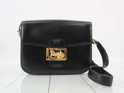 Shoulder bag, carriage hardware, black leather