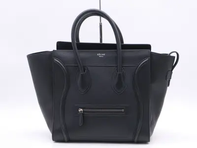 Leather Luggage Micro Shopper, Black, Silver Hardware
