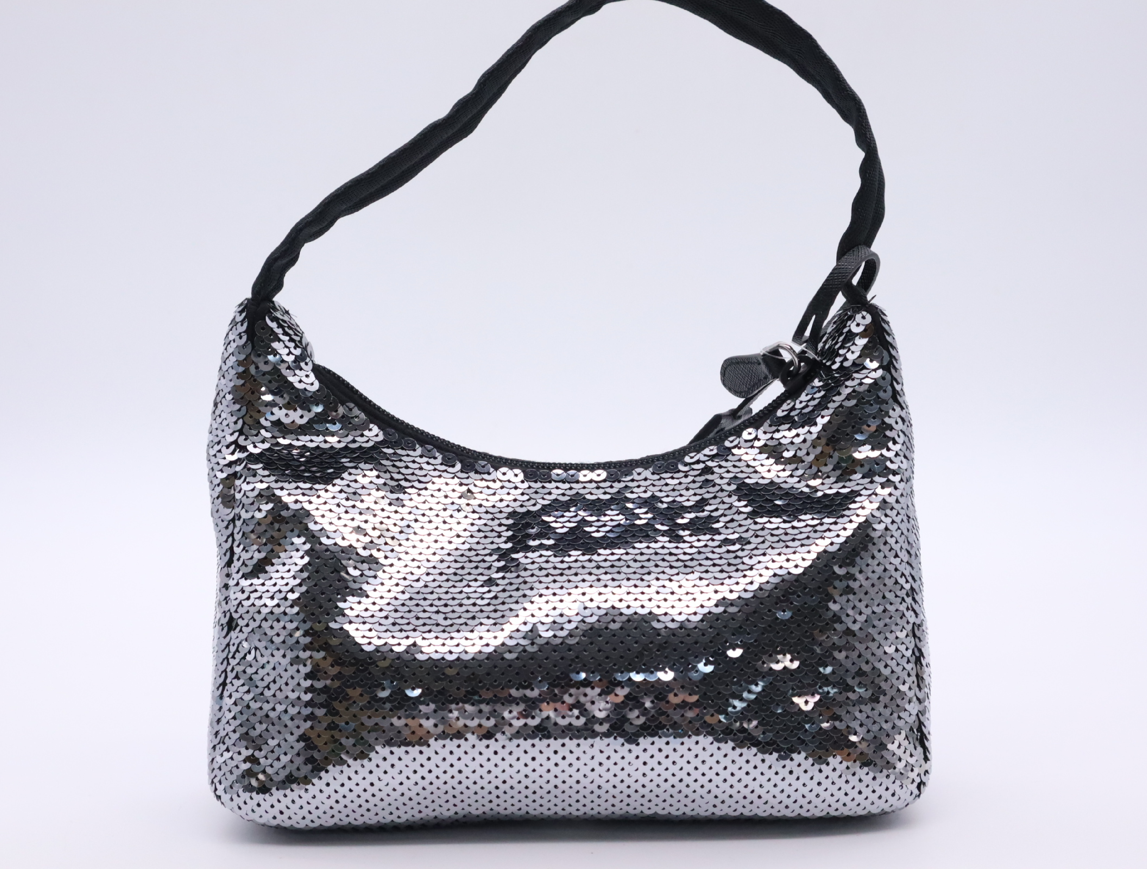 WS22477 Nylon Re-Edition Sequin Hobo Nylon Handbag Black Silver Hardware Includes Dust Bag and Clochette — view 2