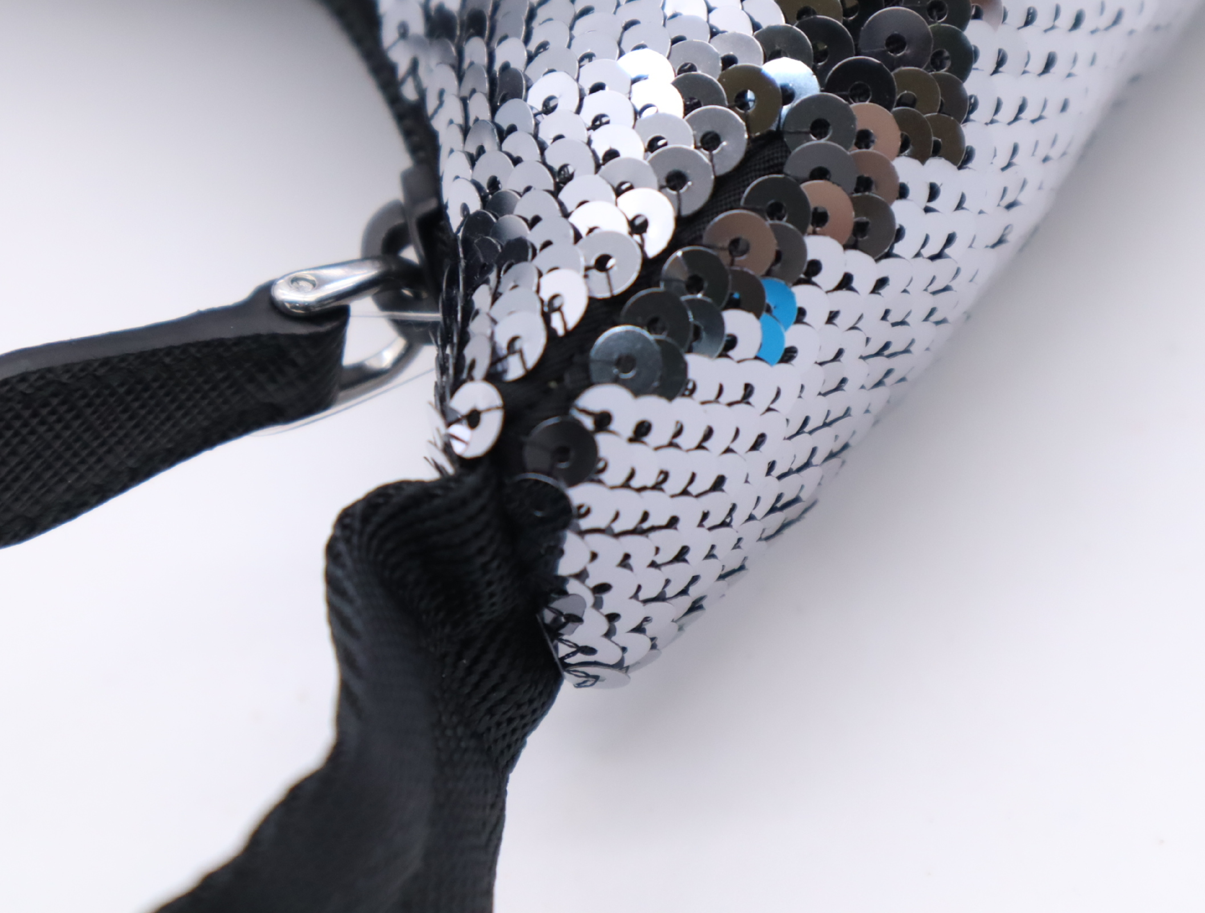 WS22477 Nylon Re-Edition Sequin Hobo Nylon Handbag Black Silver Hardware Includes Dust Bag and Clochette — view 9