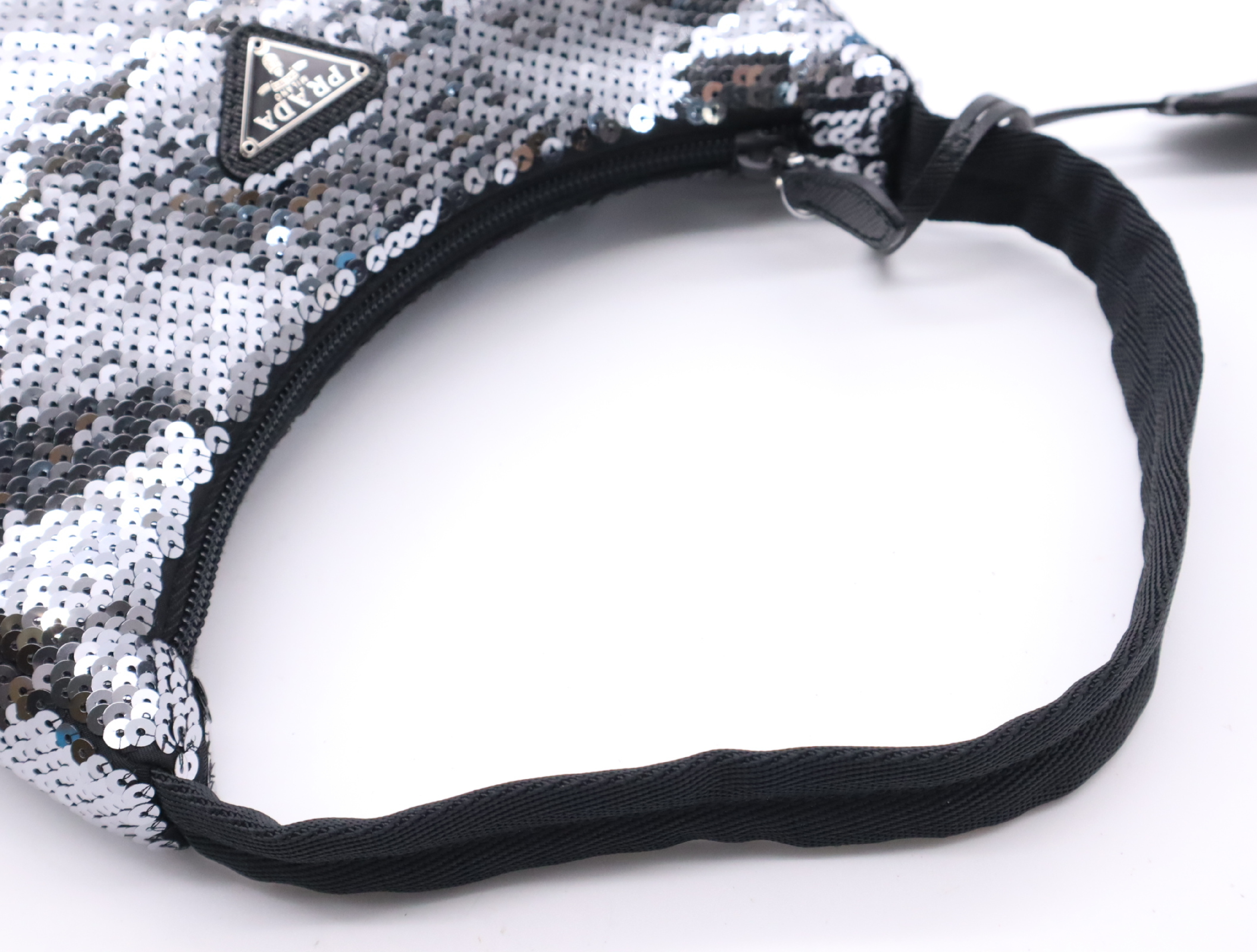WS22477 Nylon Re-Edition Sequin Hobo Nylon Handbag Black Silver Hardware Includes Dust Bag and Clochette — view 10