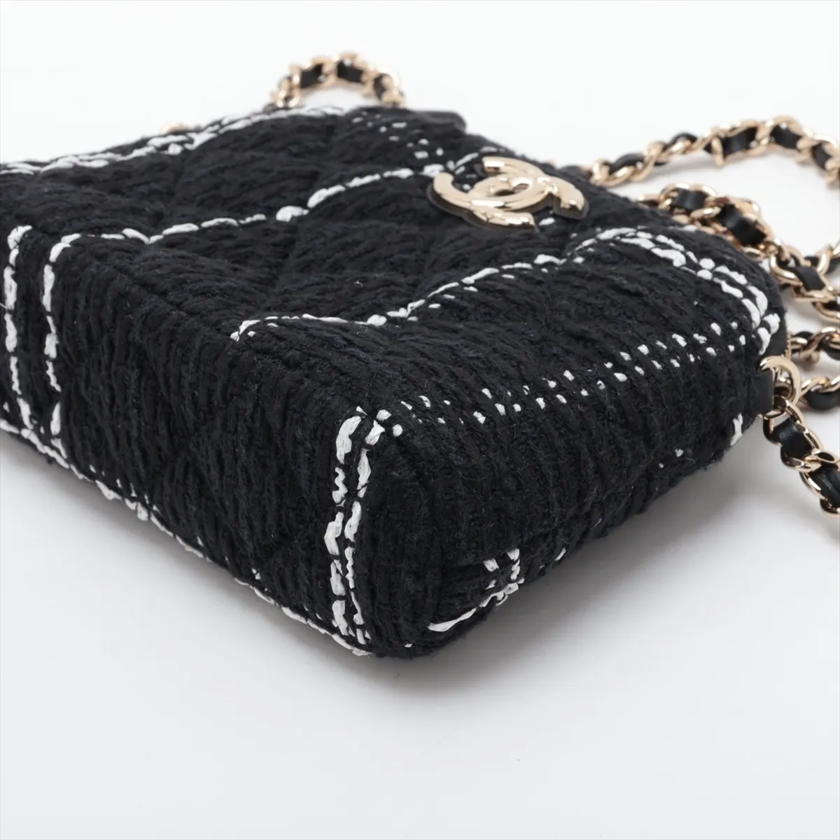 Matelassé Tweed x Leather Chain Shoulder Bag, Black x White, Gold Hardware, XN51GHCH, Random Serial Number, Year Gift — view 3