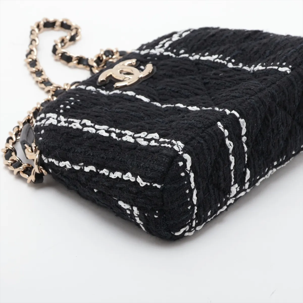 Matelassé Tweed x Leather Chain Shoulder Bag, Black x White, Gold Hardware, XN51GHCH, Random Serial Number, Year Gift — view 4