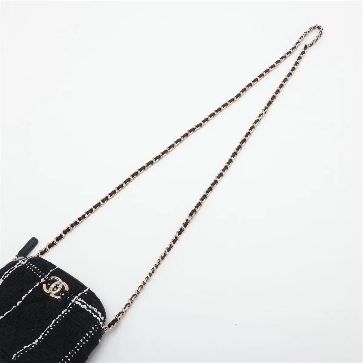 Matelassé Tweed x Leather Chain Shoulder Bag, Black x White, Gold Hardware, XN51GHCH, Random Serial Number, Year Gift — view 5