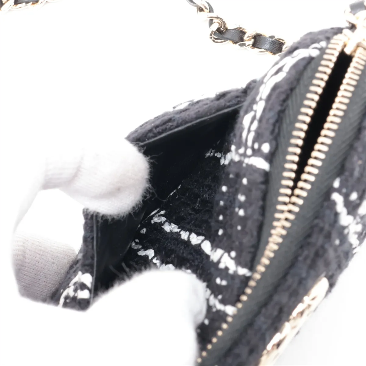Matelassé Tweed x Leather Chain Shoulder Bag, Black x White, Gold Hardware, XN51GHCH, Random Serial Number, Year Gift — view 7