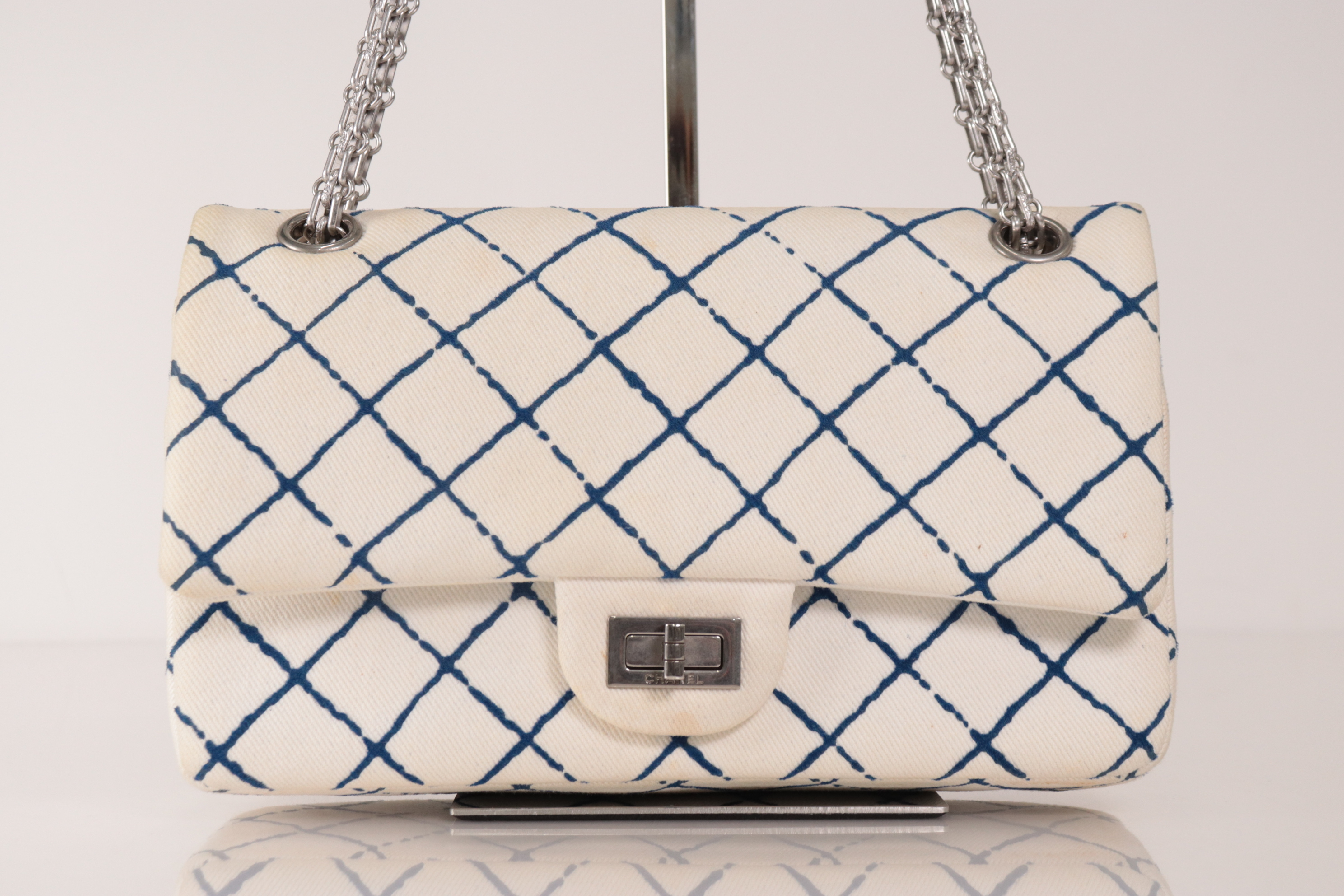 Double Flap 25 Denim 2.55 Chain Shoulder Bag, Silver Hardware, White, Serial Number 25 — view 2