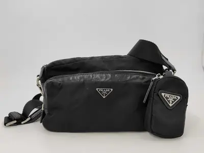 Nylon Leather Shoulder Bag with Pouch, Black