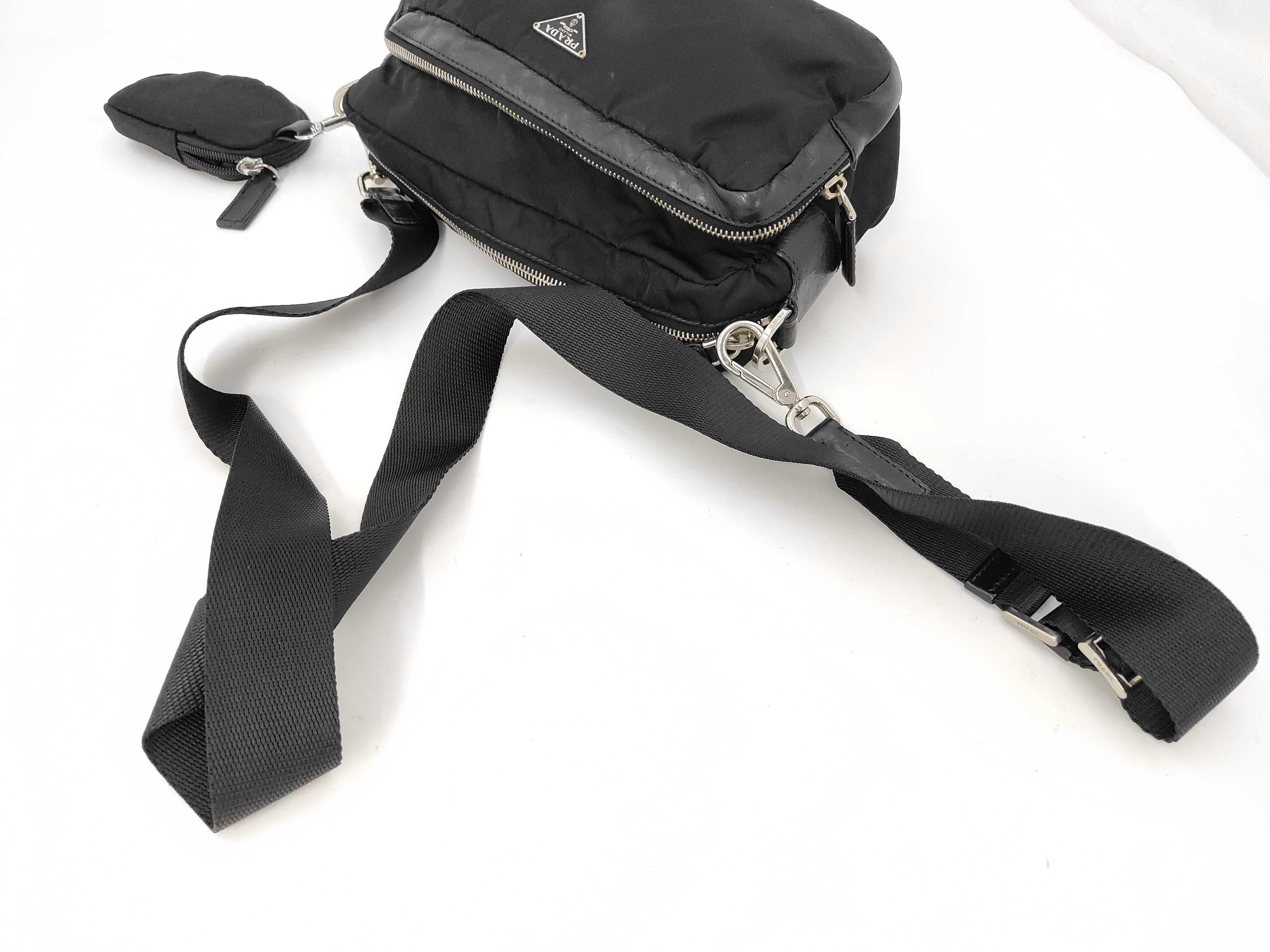 Nylon Leather Shoulder Bag with Pouch, Black — view 4