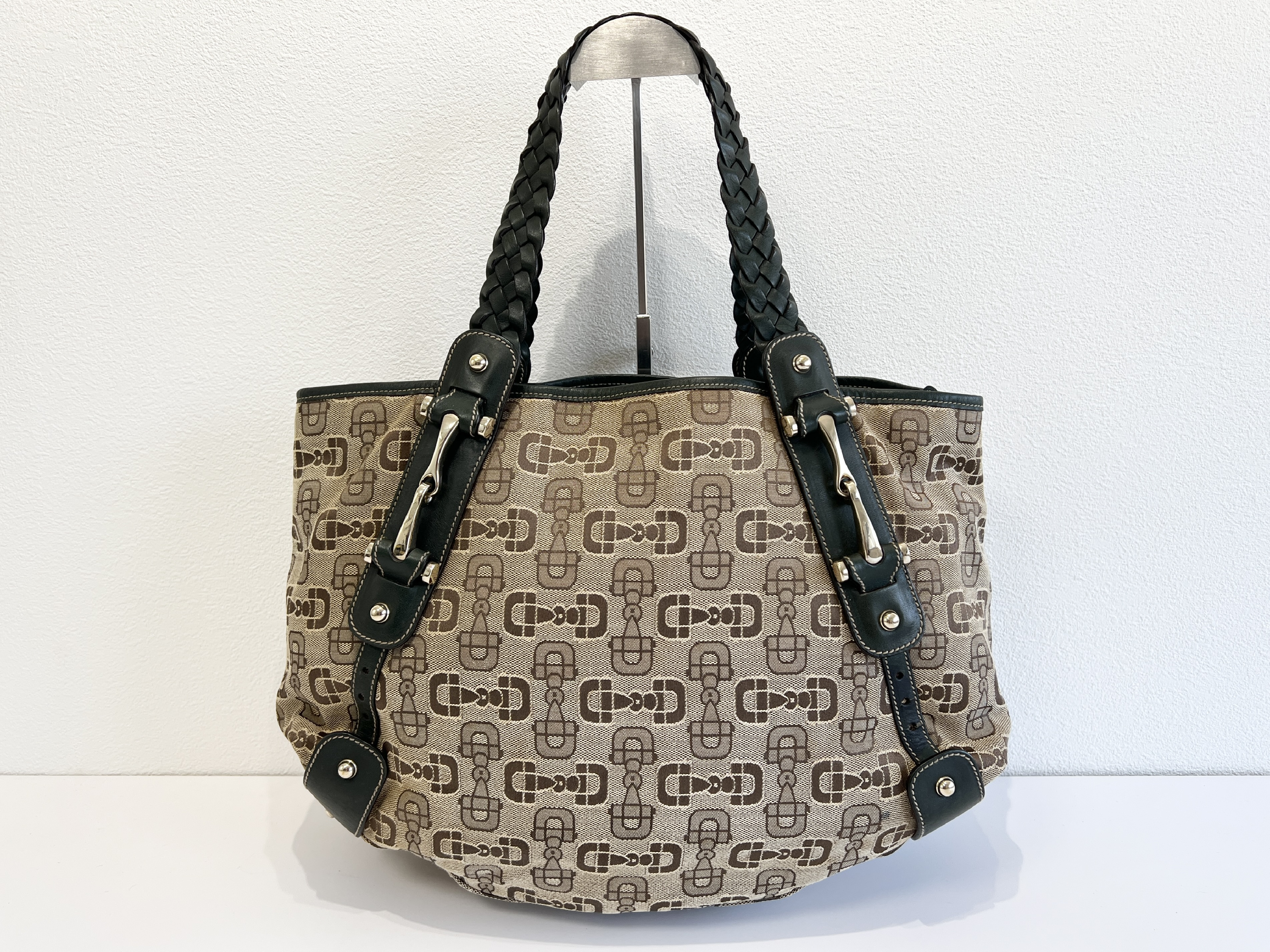Horsebit Woven Canvas Leather Tote Bag Handbag — view 2