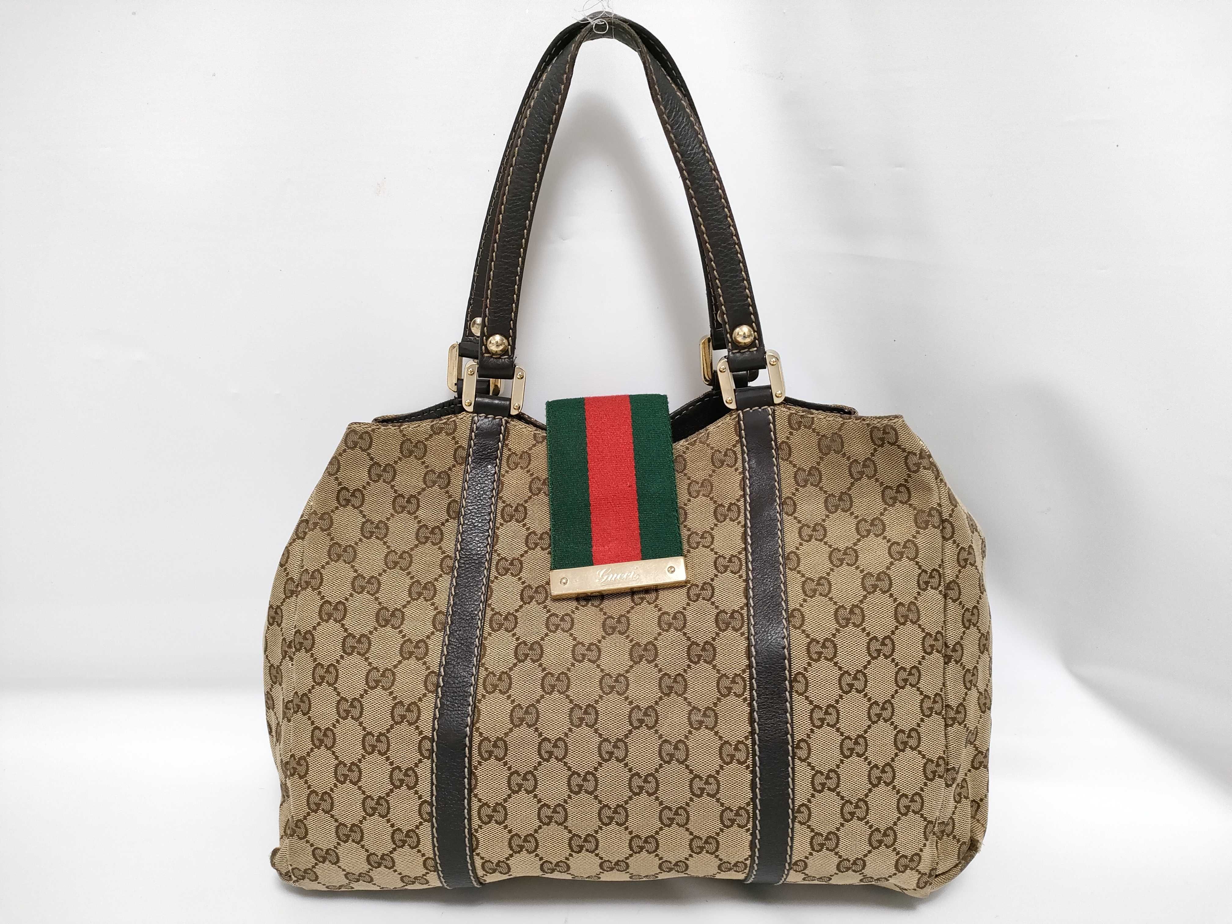 GG Canvas Brown Canvas GG Monogram Red and Green Buckle Tote Bag