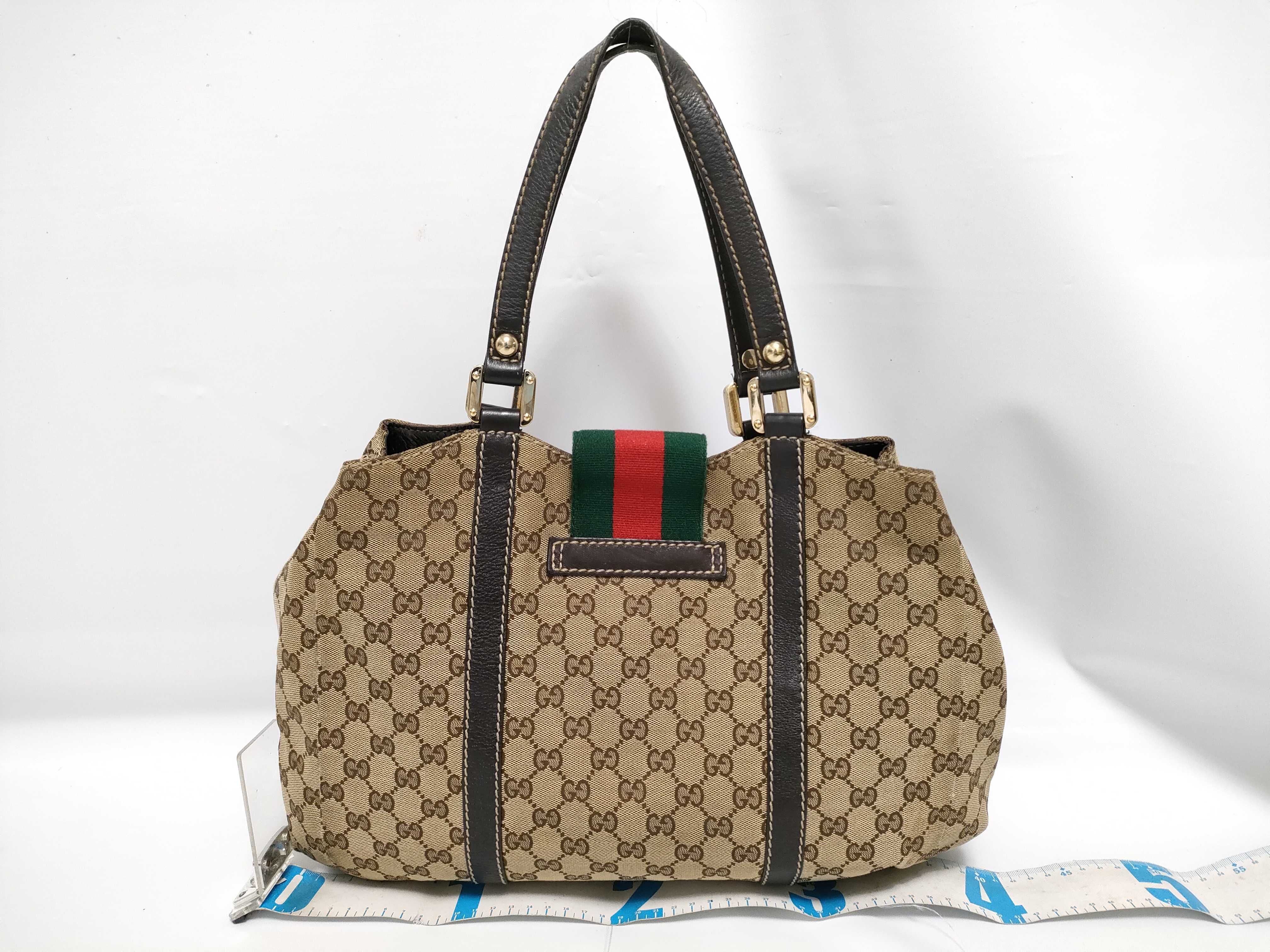 GG Canvas Brown Canvas GG Monogram Red and Green Buckle Tote Bag — view 2