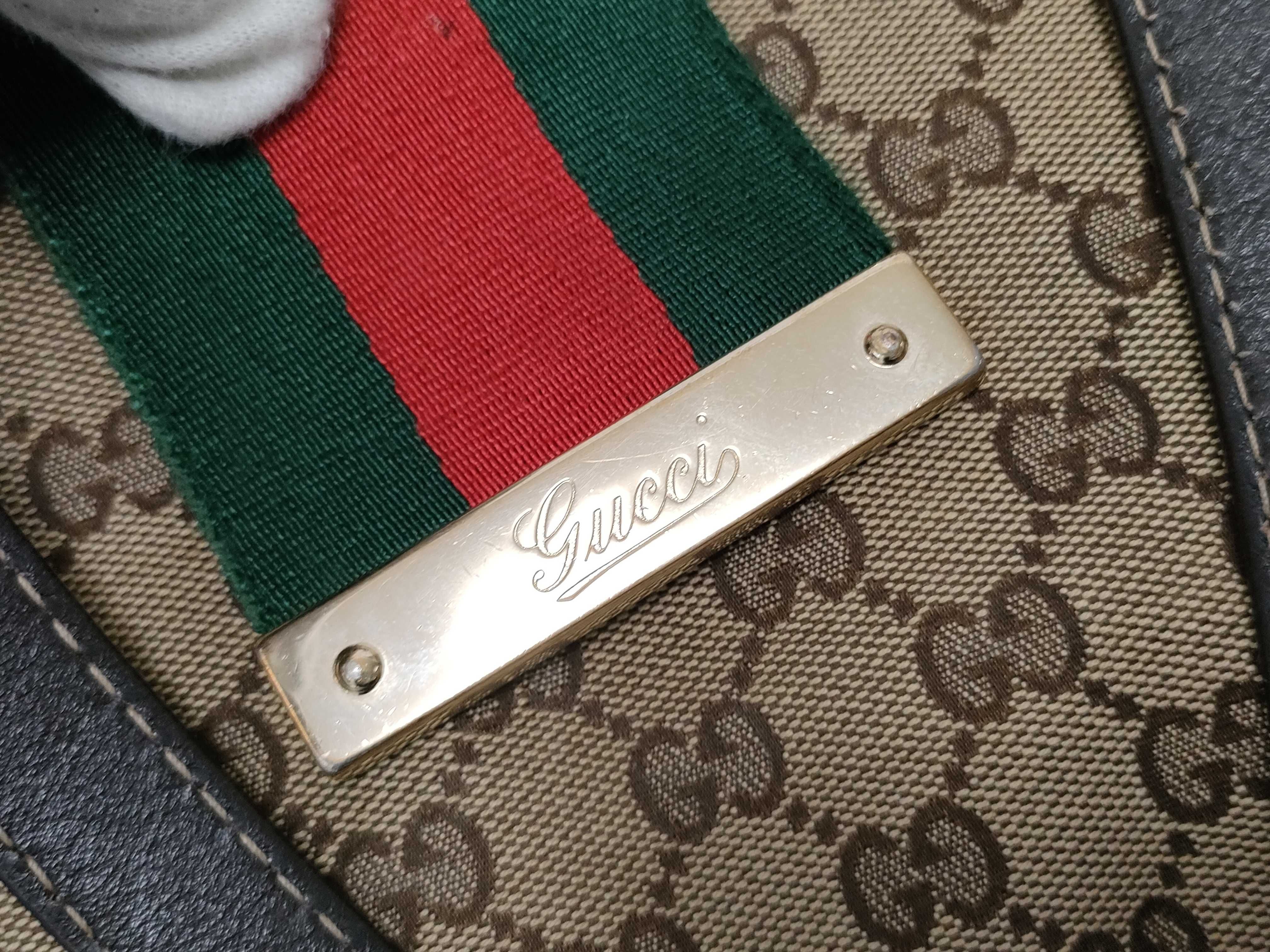 GG Canvas Brown Canvas GG Monogram Red and Green Buckle Tote Bag — view 6