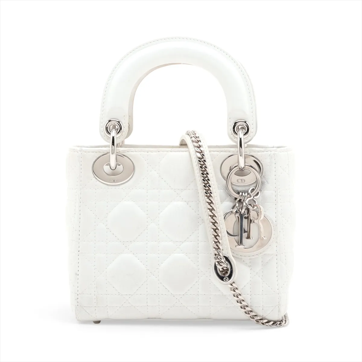 Cannage Lady Dior Mini Leather 2-Way Handbag, White