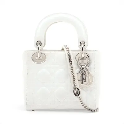 Cannage Lady Dior Mini Leather 2-Way Handbag, White