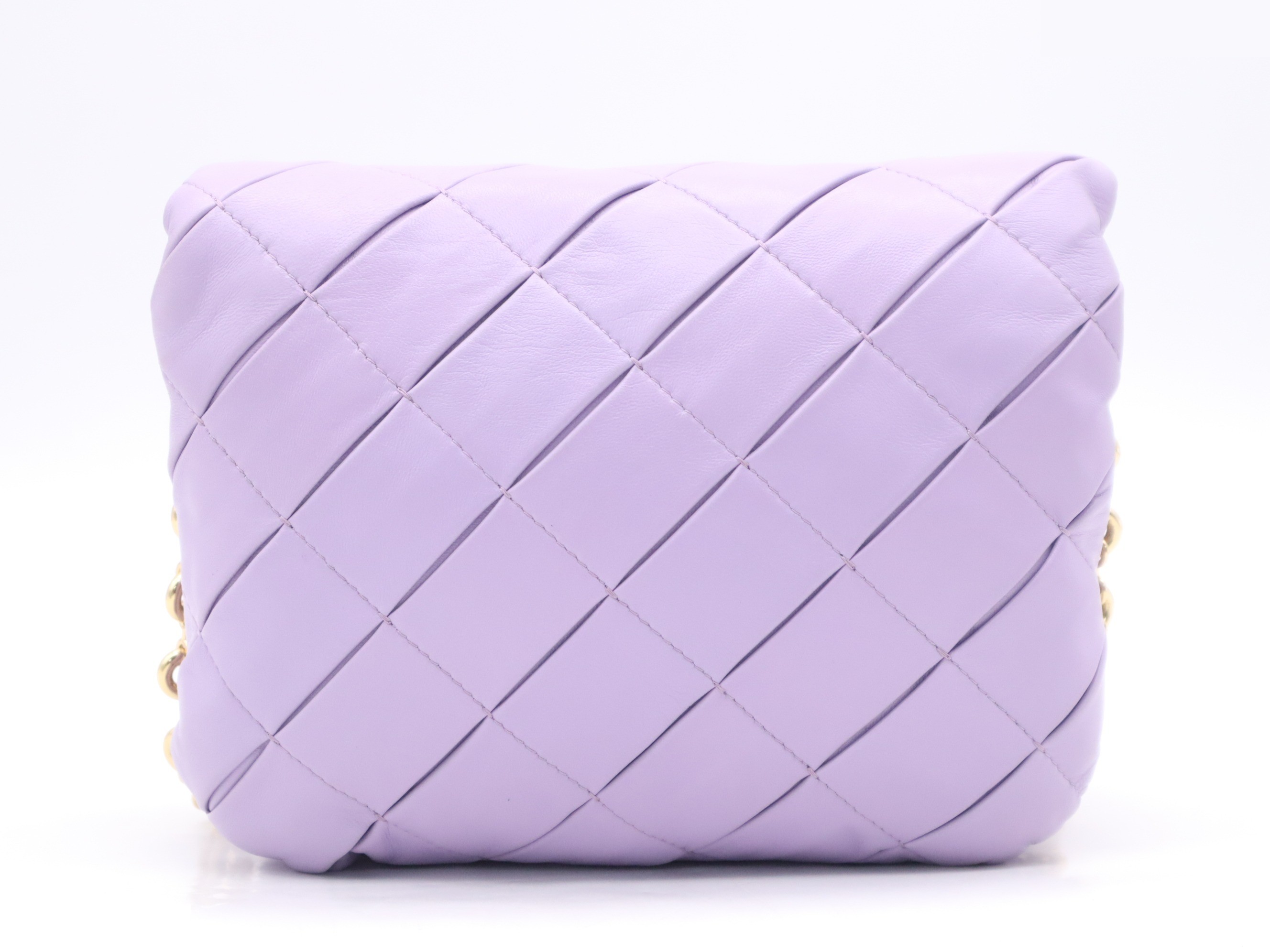 Lambskin puffer bag, Goya style, purple, gold hardware, with shoulder strap. — view 2