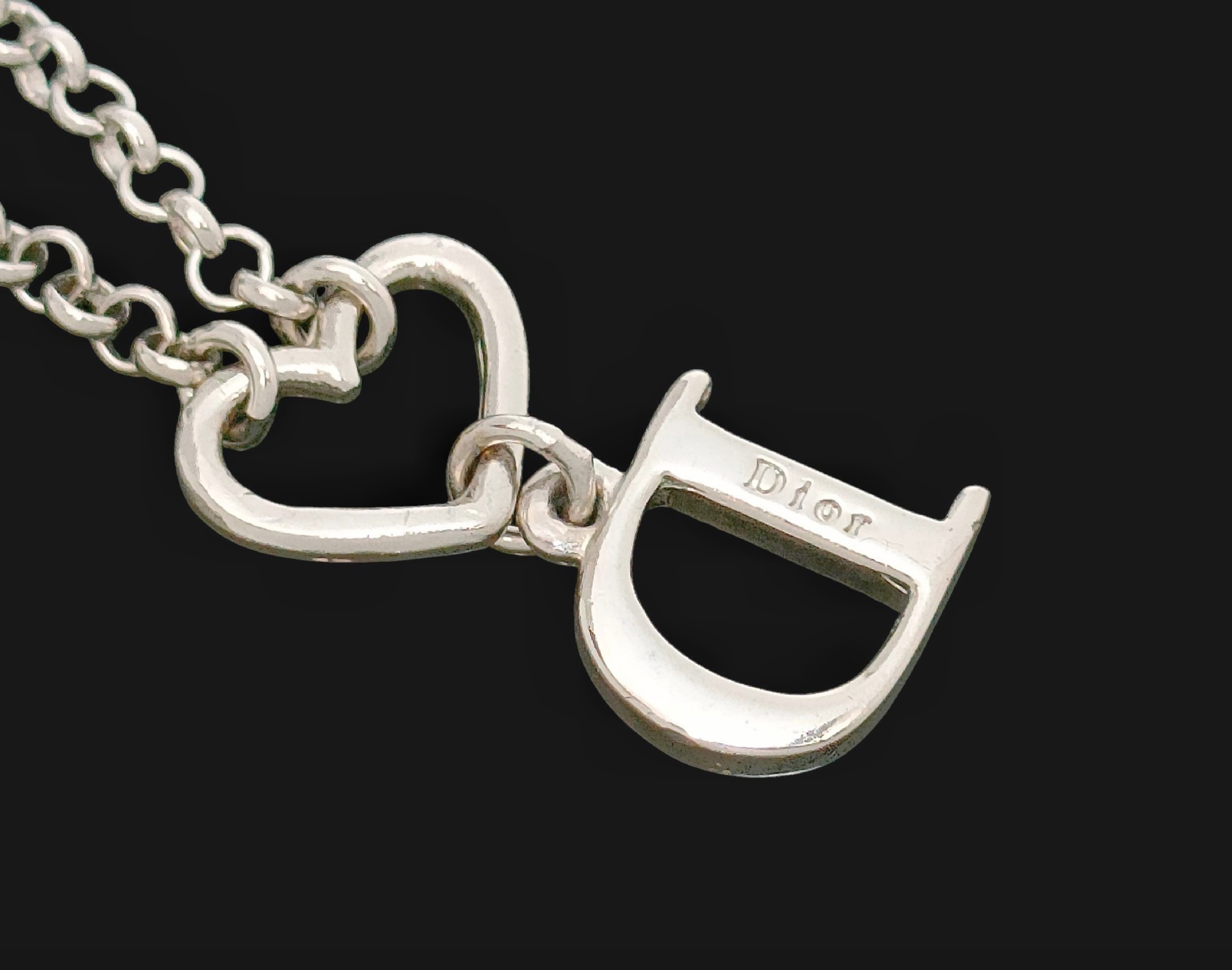 Silver-colored rhinestone-embellished logo and heart motif pendant necklace, 6.52g. — view 2