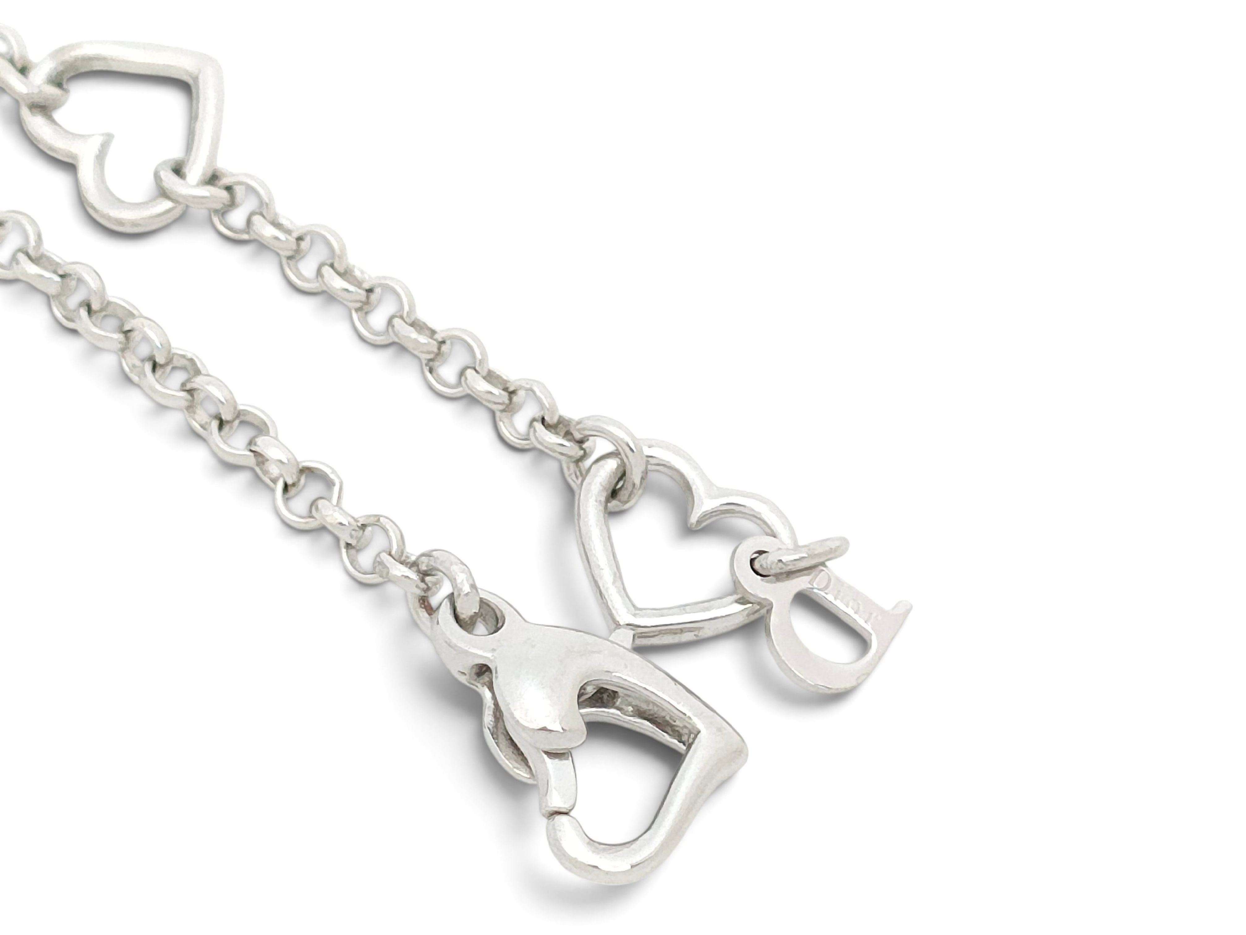 Silver-colored rhinestone-embellished logo and heart motif pendant necklace, 6.52g. — view 4