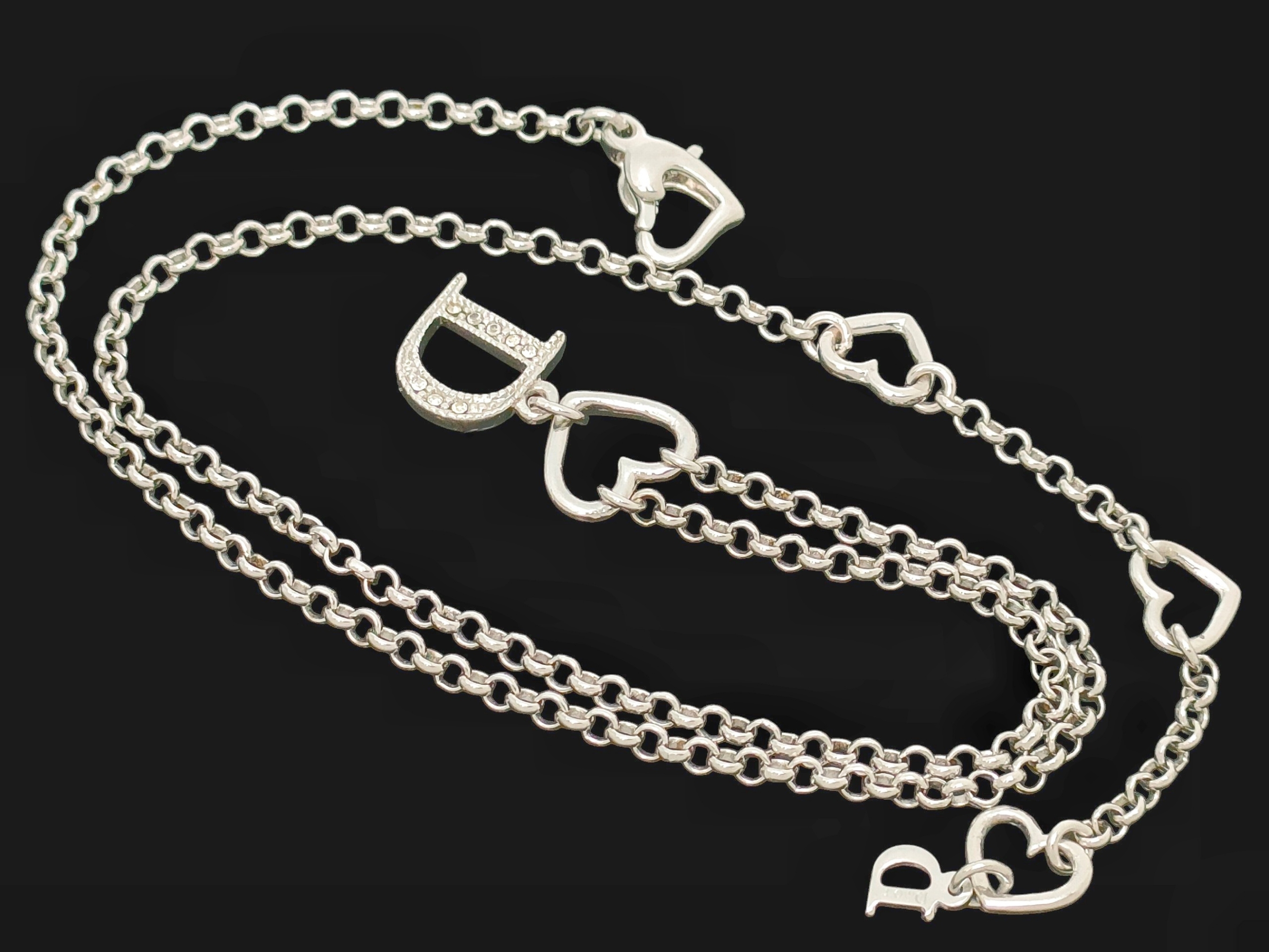 Silver-colored rhinestone-embellished logo and heart motif pendant necklace, 6.52g. — view 6