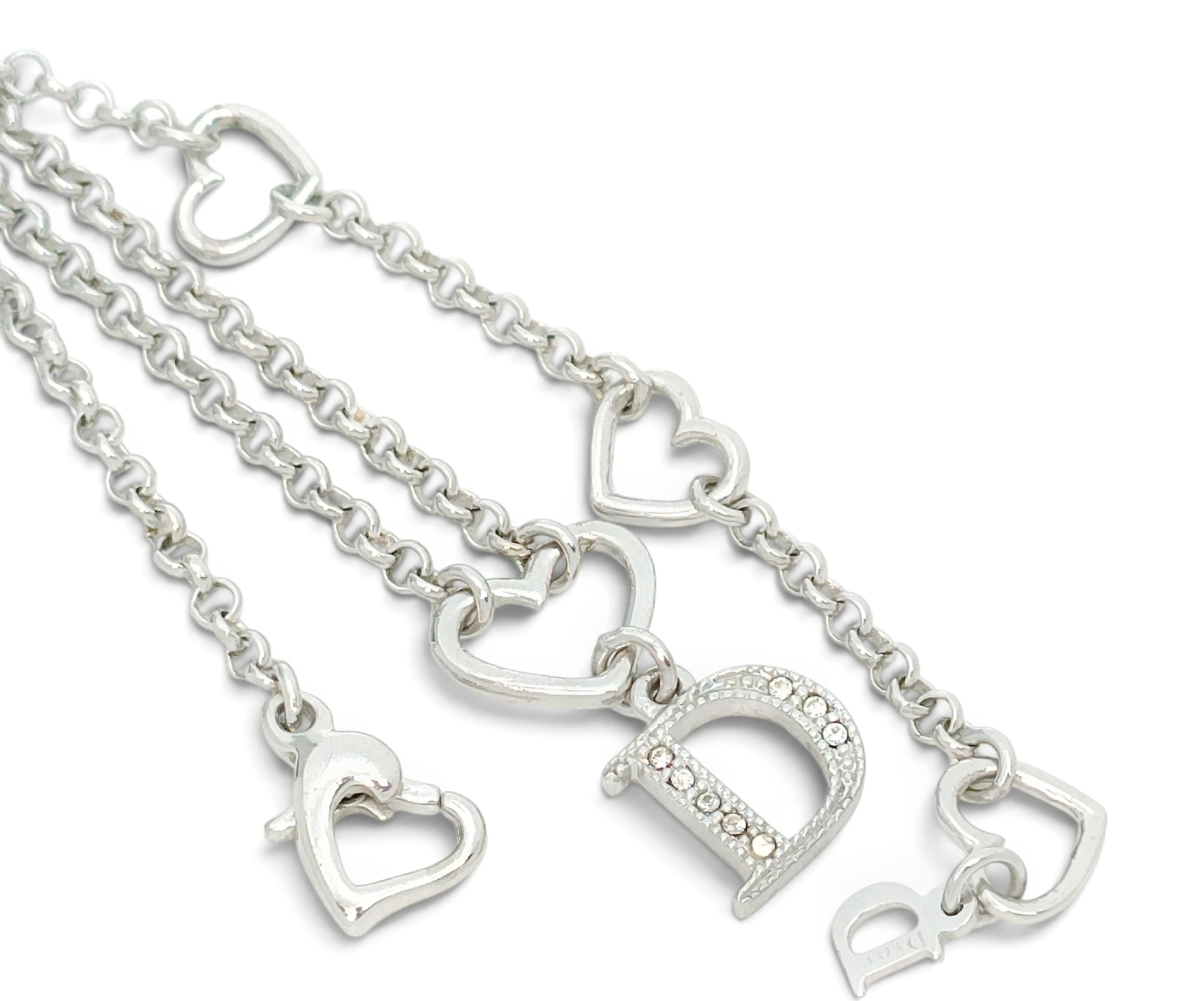 Silver-colored rhinestone-embellished logo and heart motif pendant necklace, 6.52g. — view 8