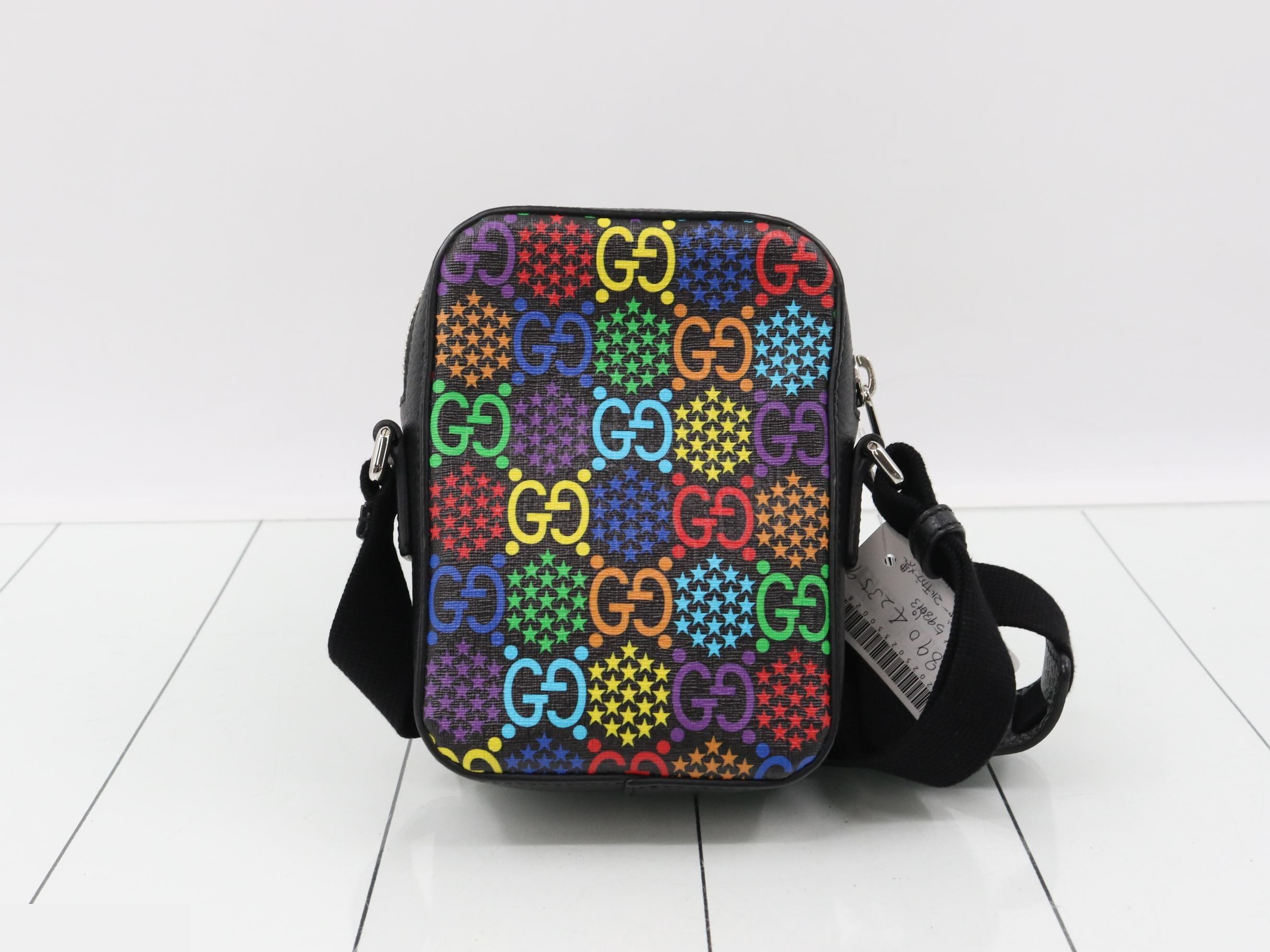 GG Psychedelic Mini Messenger Bag, Multicolor x Black, Silver Hardware, W13 — view 2