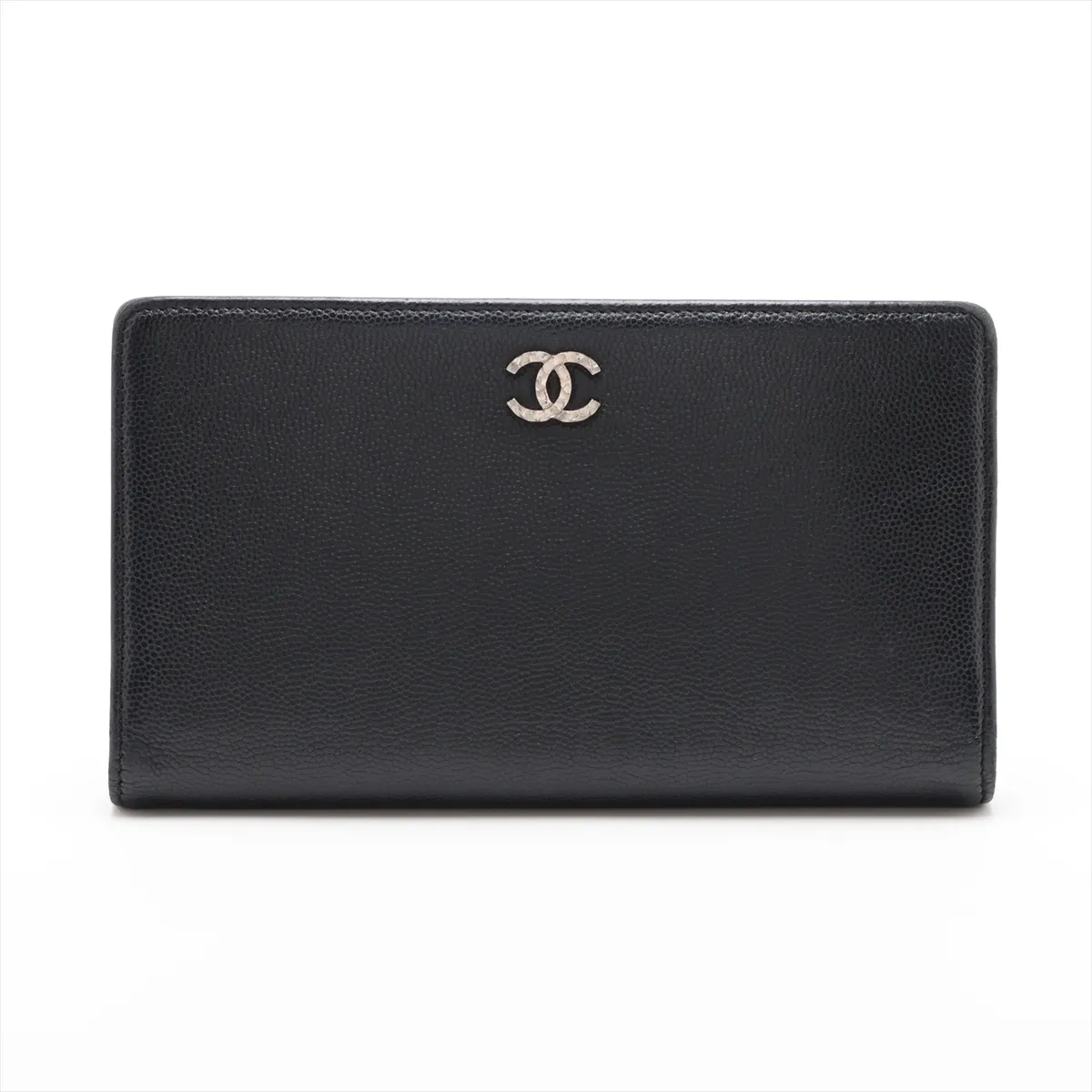 Coco Mark Caviar Skin Long Wallet, Black with Silver Hardware, 13060068